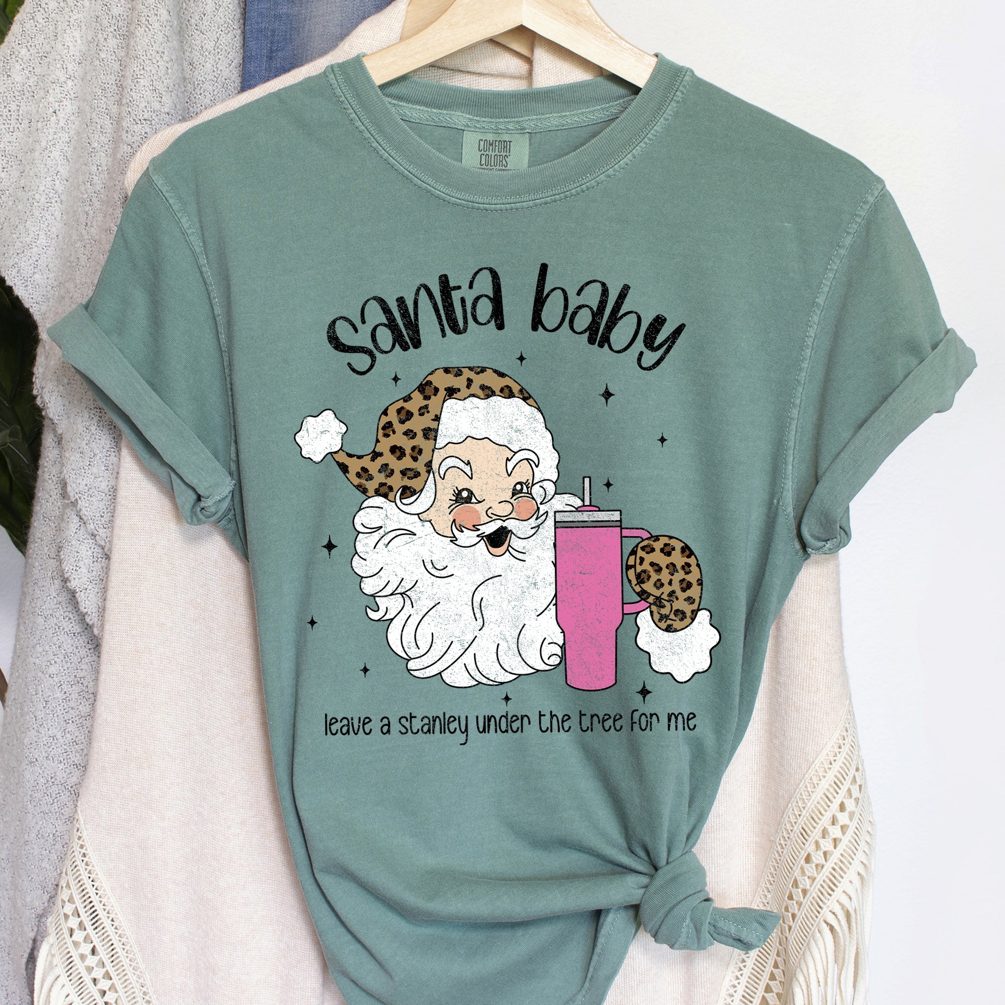 Santa Baby Stanley Retro Christmas Leopard Print Vintage Holiday Comfort Colors Tee