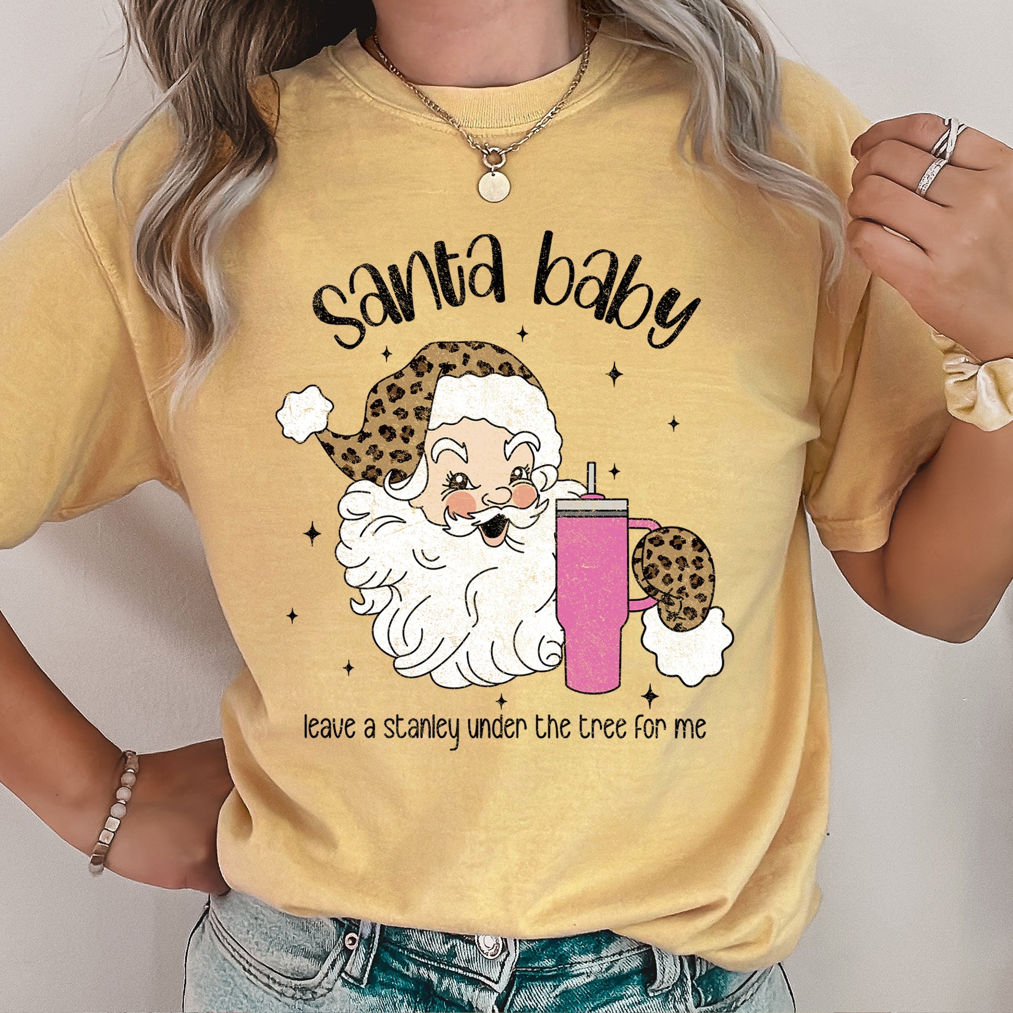 Santa Baby Stanley Retro Christmas Leopard Print Vintage Holiday Comfort Colors Tee