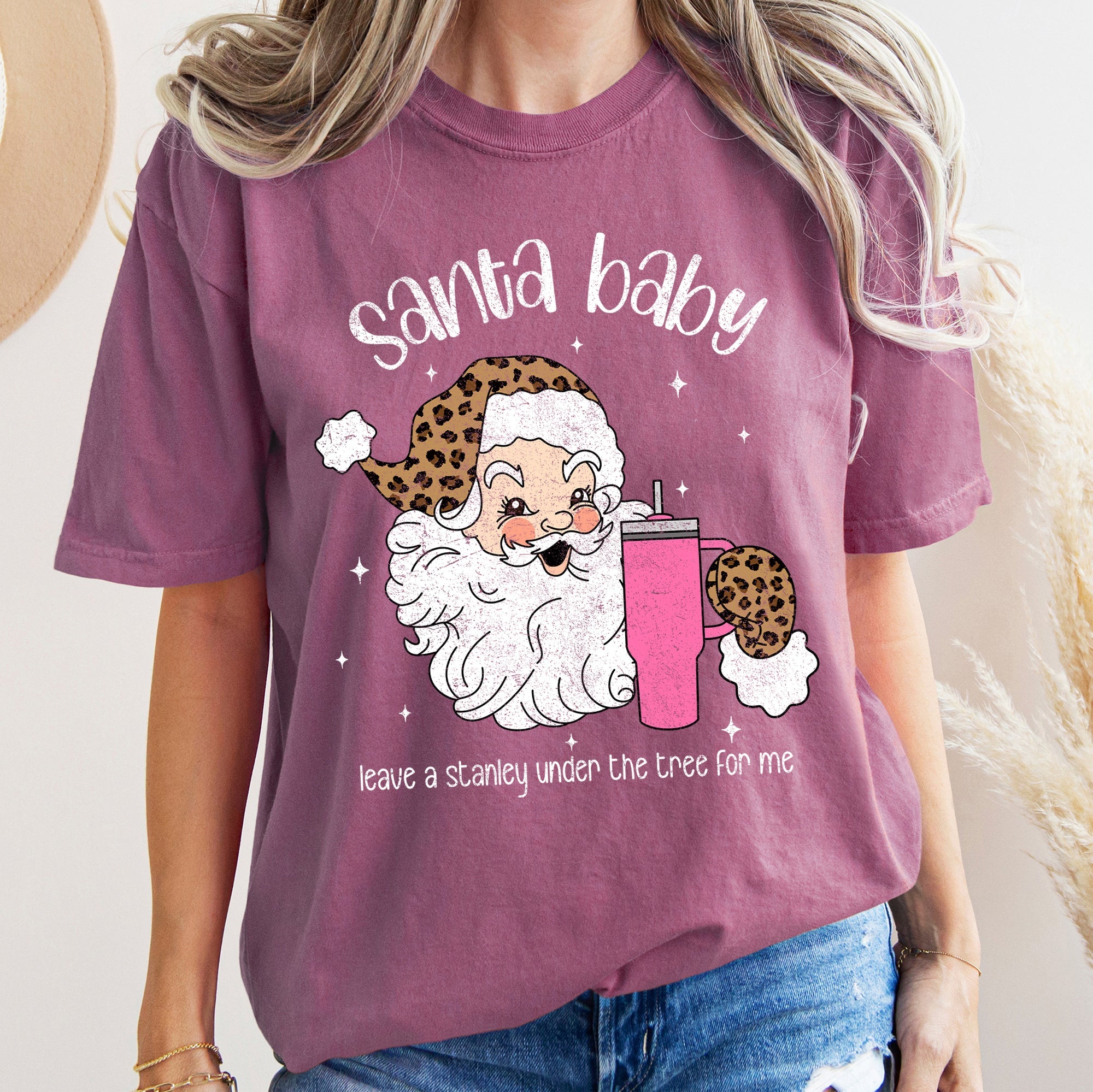 Santa Baby Stanley Retro Christmas Leopard Print Vintage Holiday Comfort Colors Tee