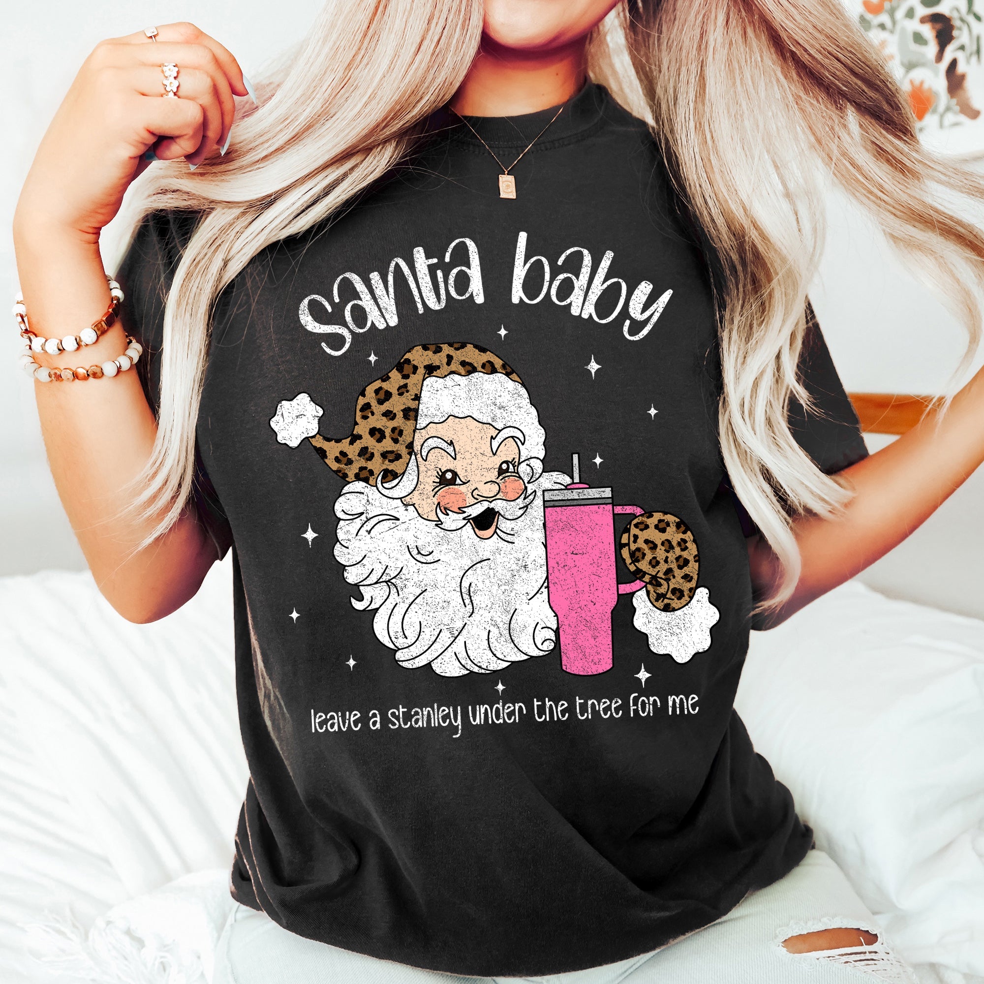 Santa Baby Stanley Retro Christmas Leopard Print Vintage Holiday Comfort Colors Tee