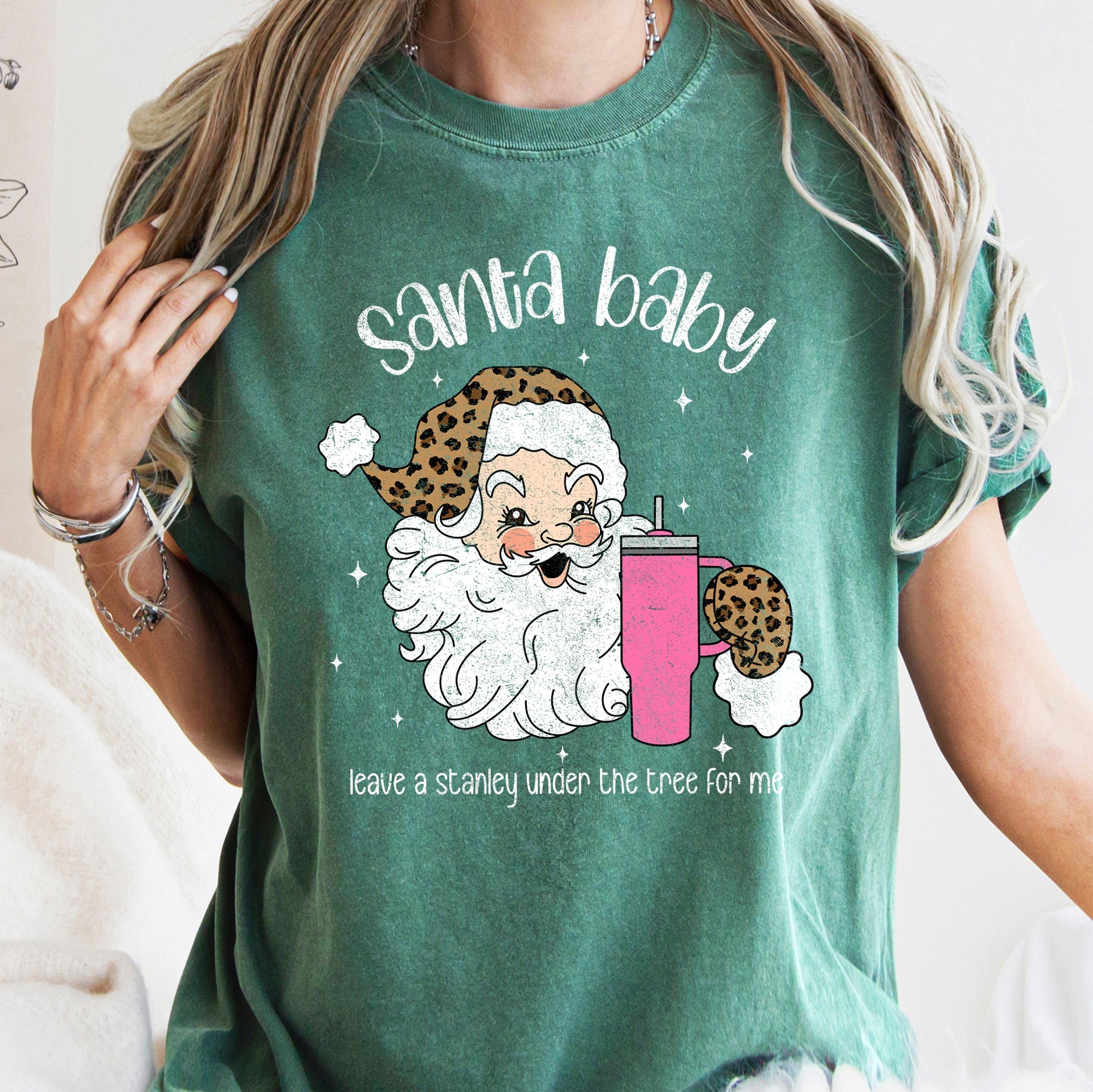 Santa Baby Stanley Retro Christmas Leopard Print Vintage Holiday Comfort Colors Tee