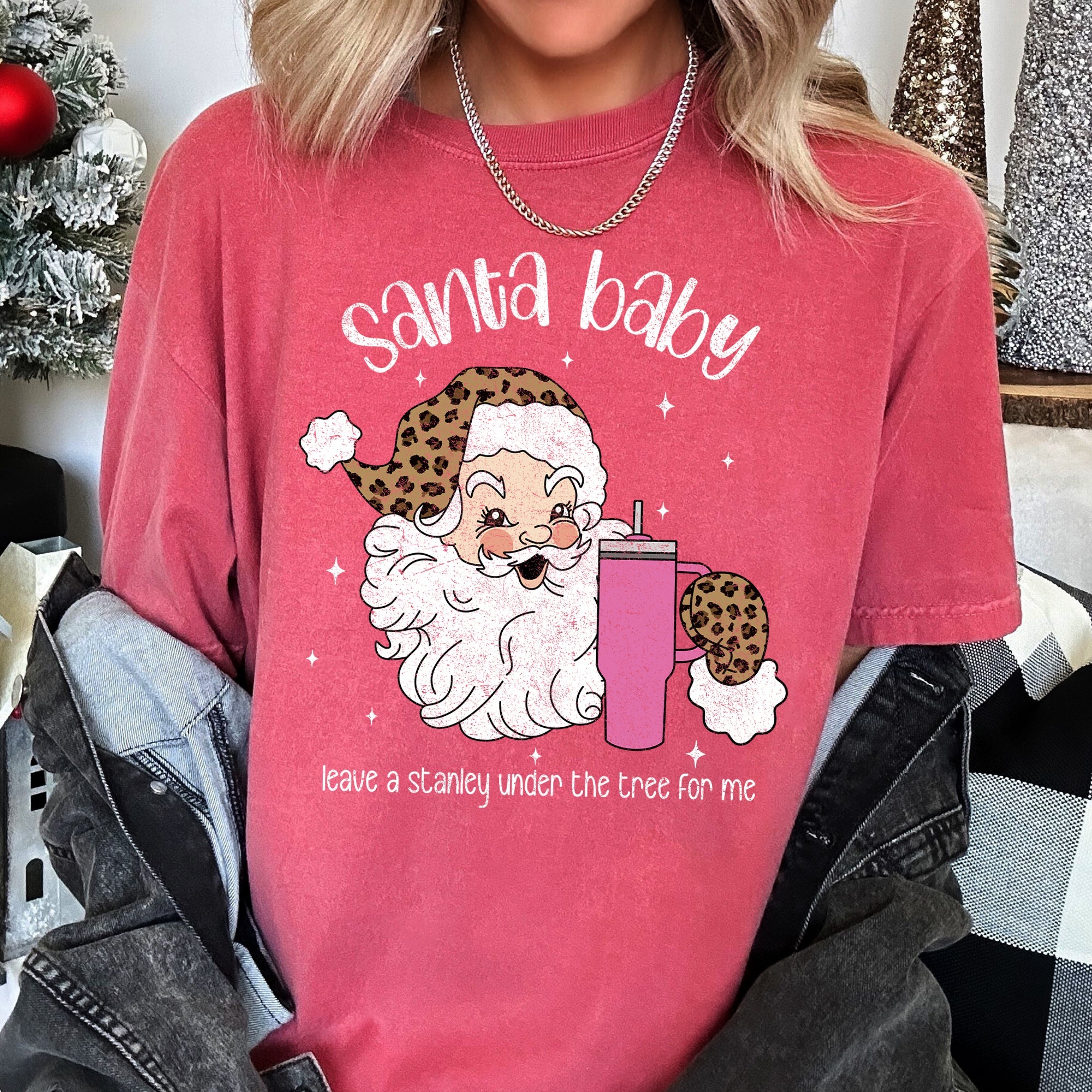 Santa Baby Stanley Retro Christmas Leopard Print Vintage Holiday Comfort Colors Tee