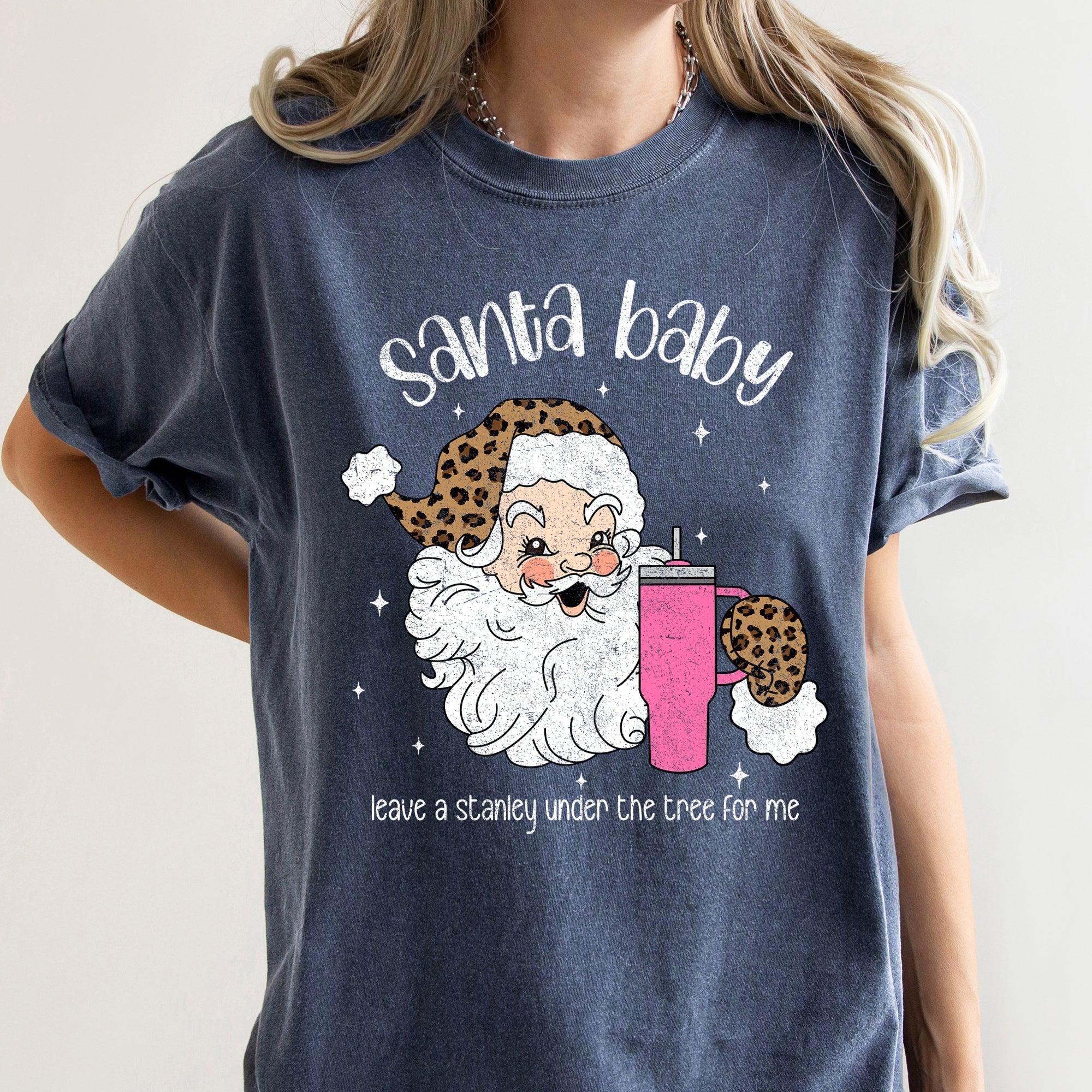 Santa Baby Stanley Retro Christmas Leopard Print Vintage Holiday Comfort Colors Tee