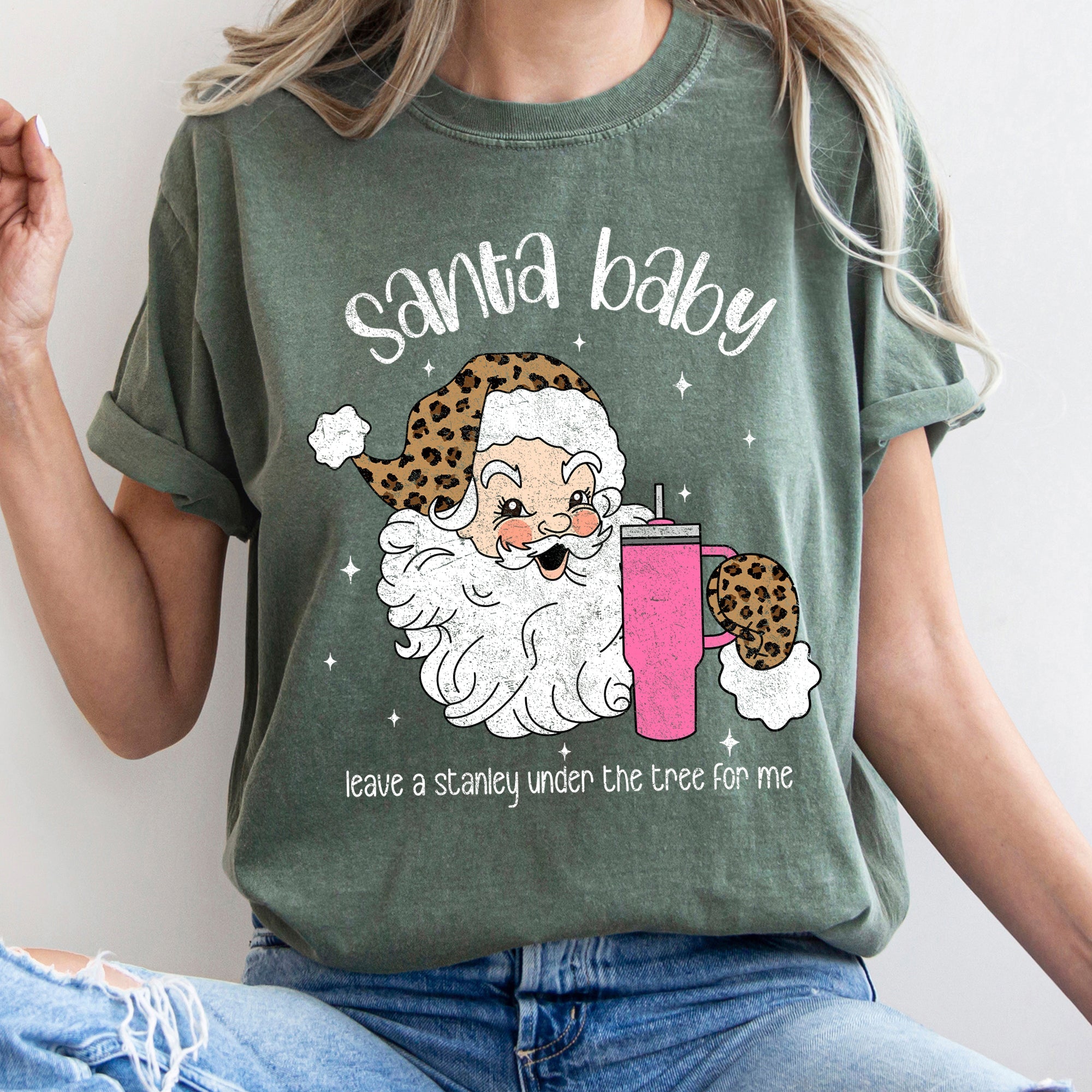 Santa Baby Stanley Retro Christmas Leopard Print Vintage Holiday Comfort Colors Tee
