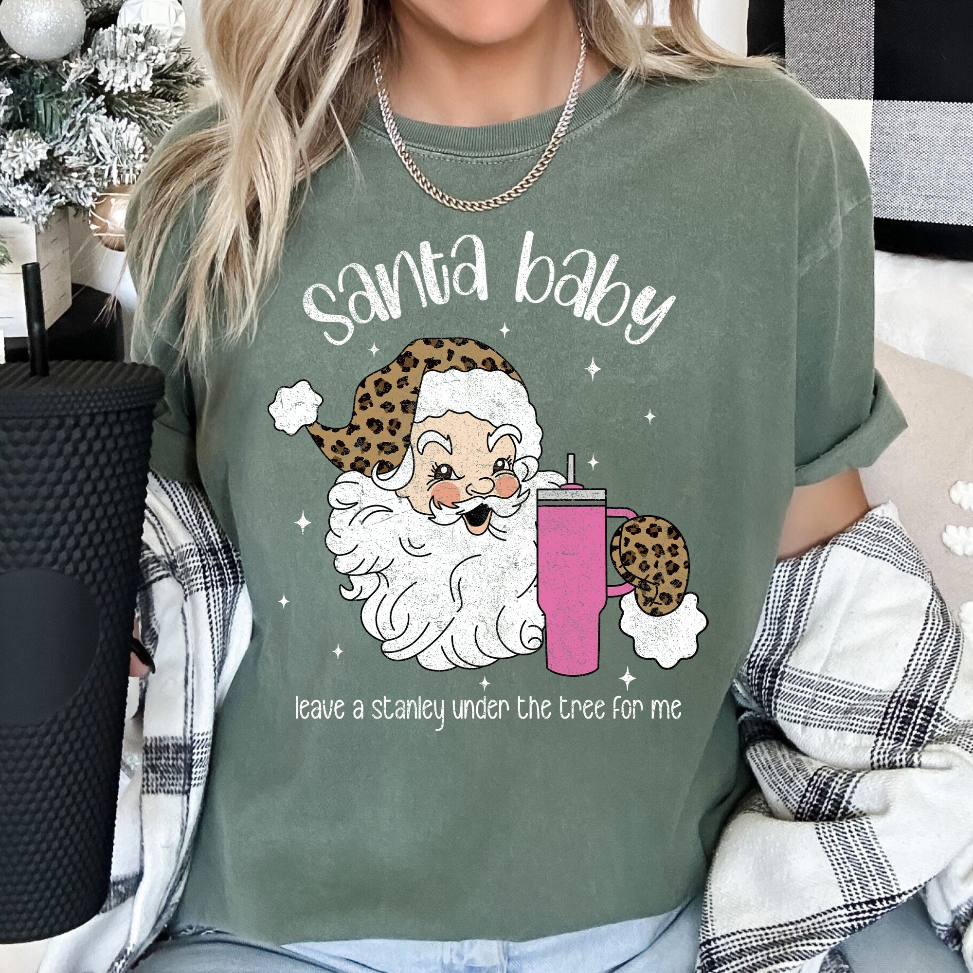 Santa Baby Stanley Retro Christmas Leopard Print Vintage Holiday Comfort Colors Tee