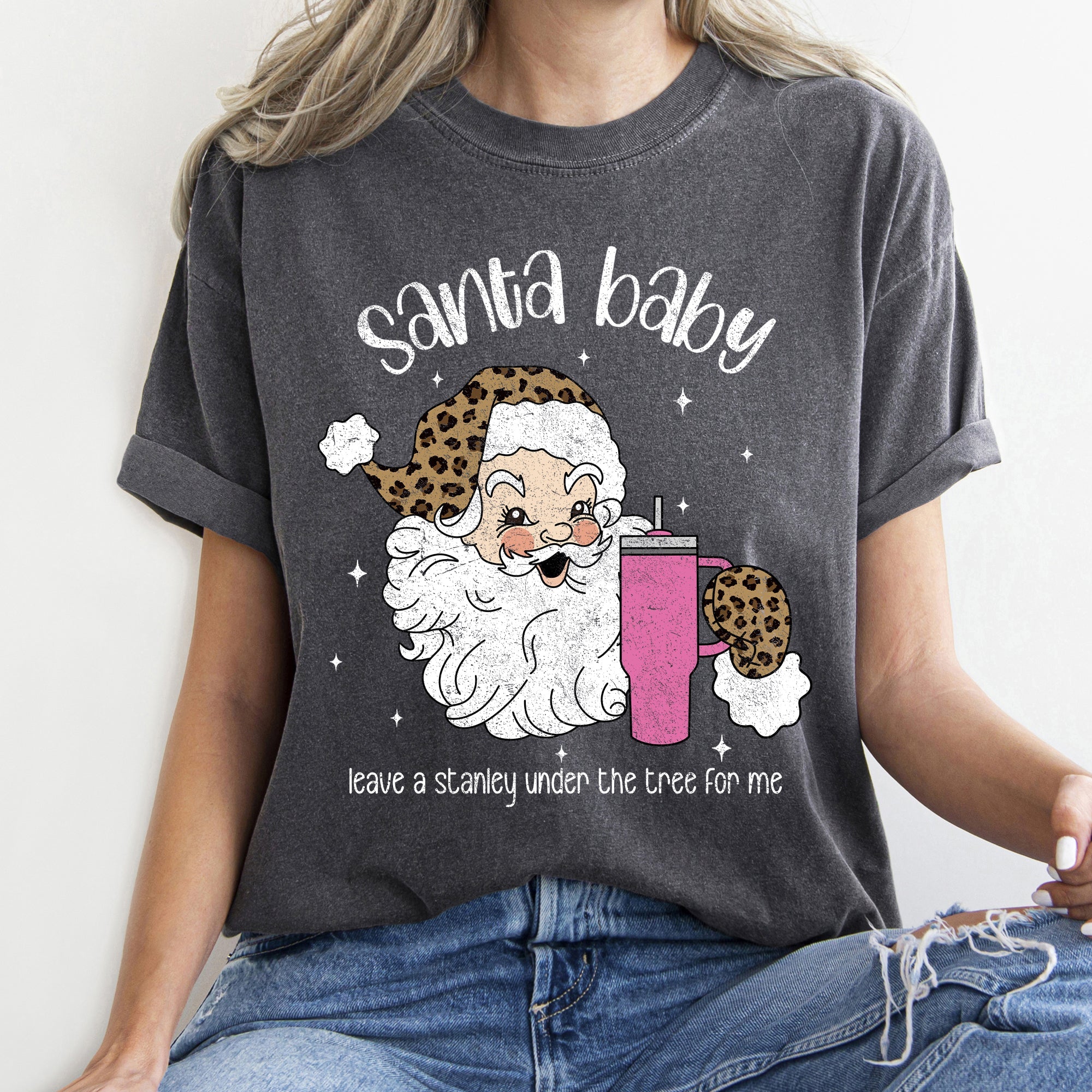 Santa Baby Stanley Retro Christmas Leopard Print Vintage Holiday Comfort Colors Tee