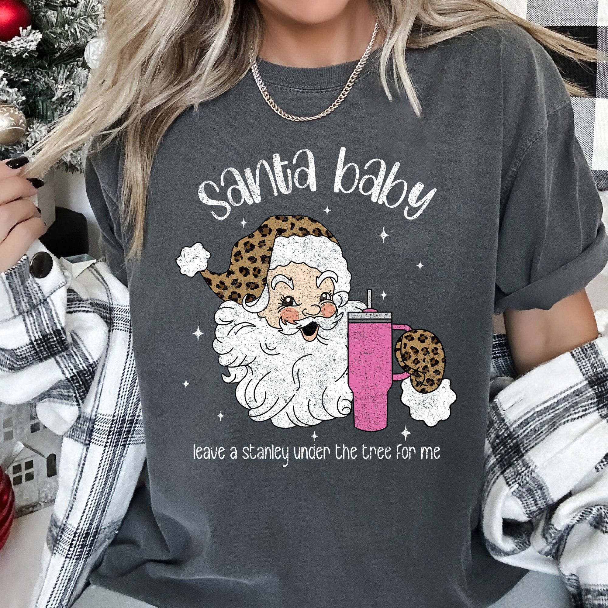 Santa Baby Stanley Retro Christmas Leopard Print Vintage Holiday Comfort Colors Tee