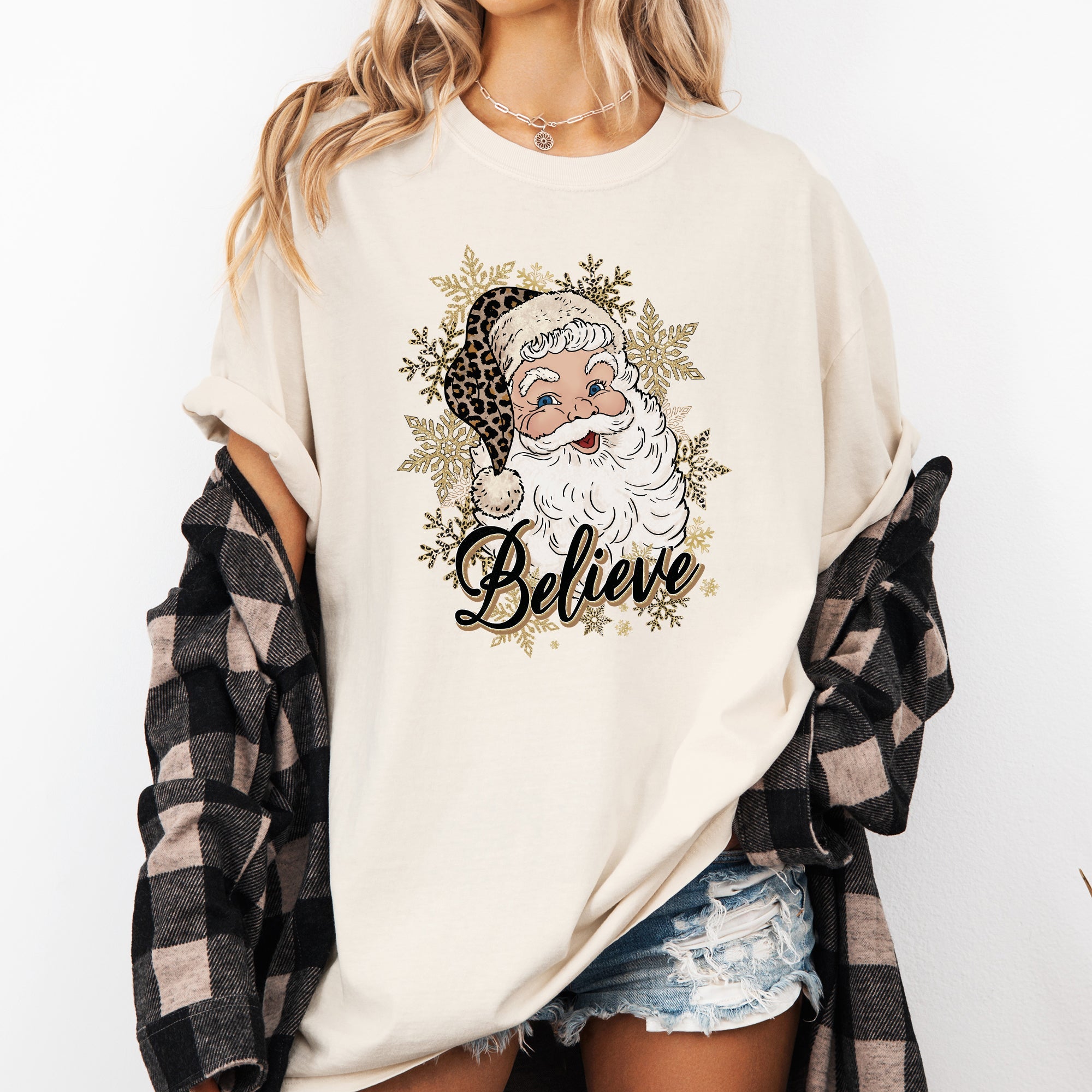 Santa Believe Retro Snowflakes Christmas Winter Holiday Vintage Graphic Comfort Colors Tee