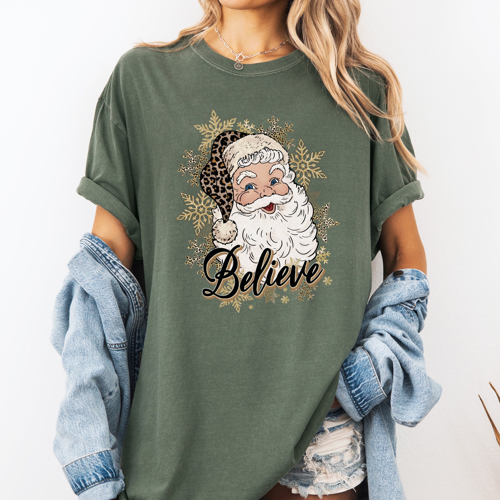Santa Believe Retro Snowflakes Christmas Winter Holiday Vintage Graphic Comfort Colors Tee
