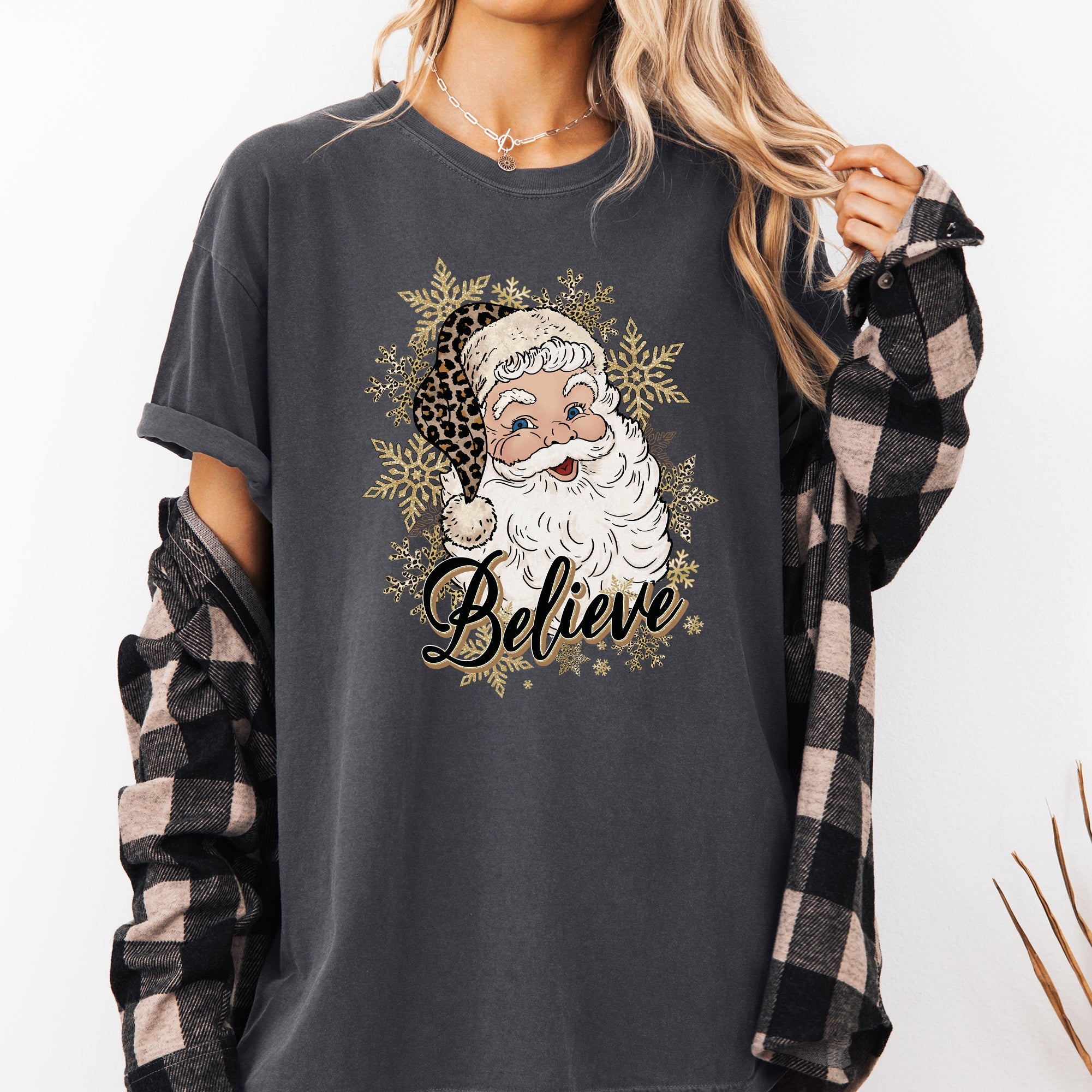 Santa Believe Retro Snowflakes Christmas Winter Holiday Vintage Graphic Comfort Colors Tee