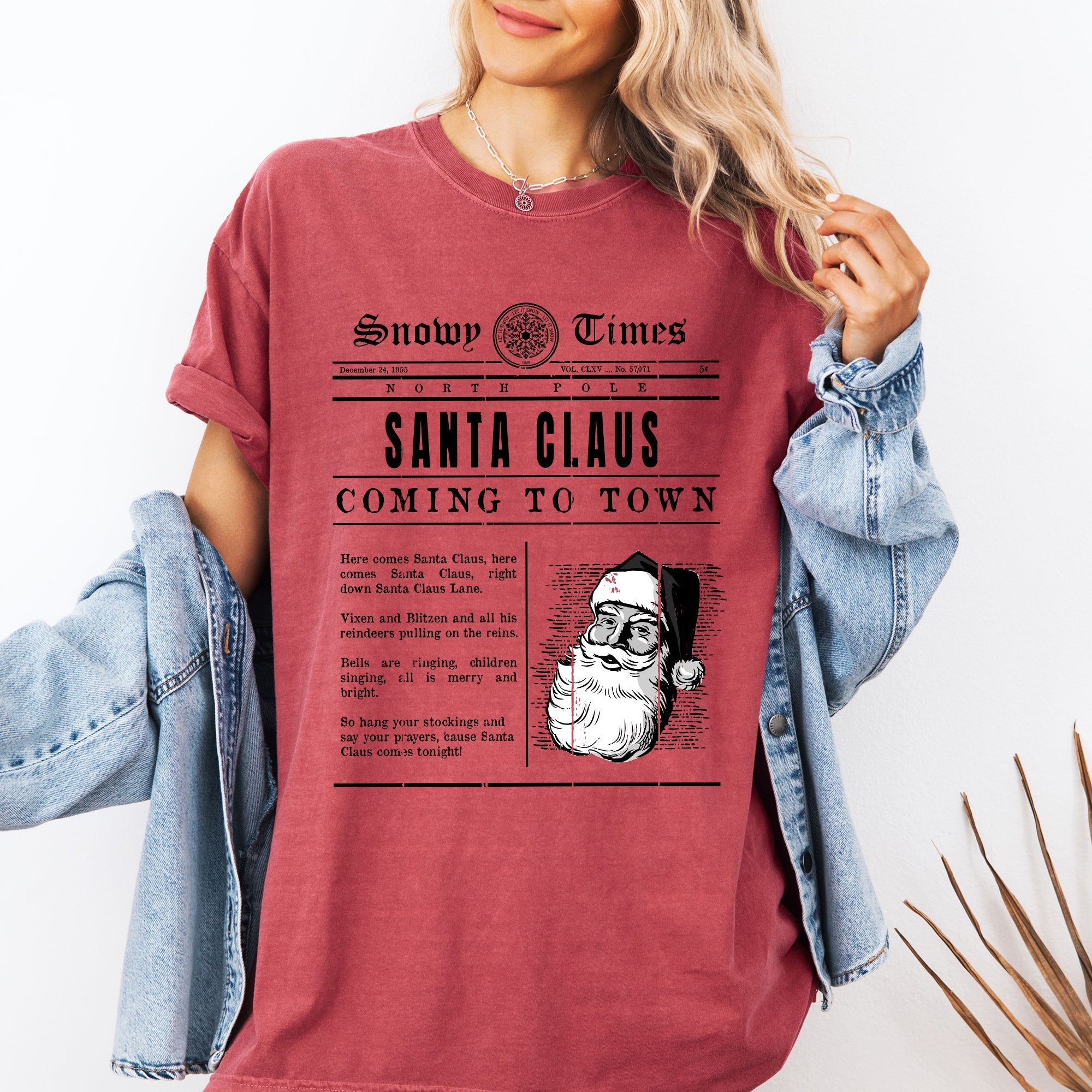 Santa Claus Is Coming To Town Newspaper Winter Snow Xmas Vintage Print Comfort Colors Tee