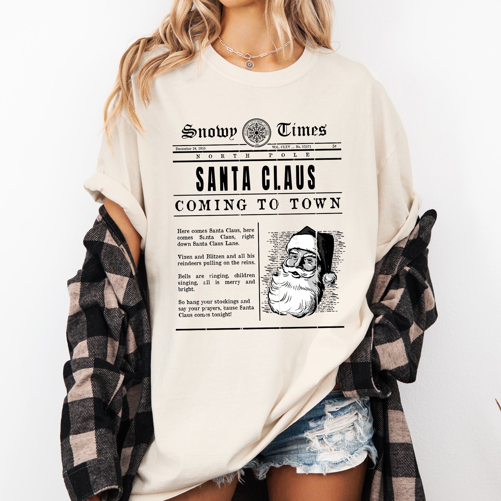 Santa Claus Is Coming To Town Newspaper Winter Snow Xmas Vintage Print Comfort Colors Tee