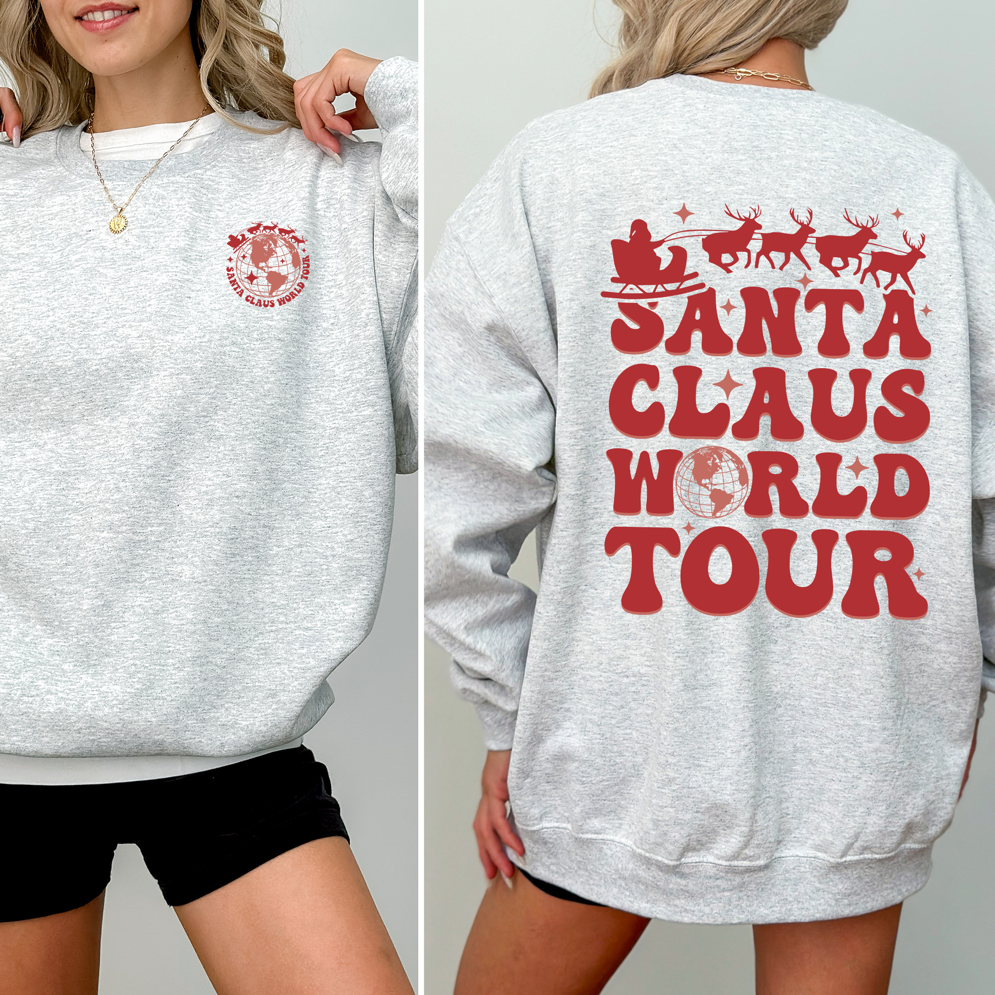 Santa Claus World Tour Front And Back Retro Christmas Reading Graphic Sweatshirt