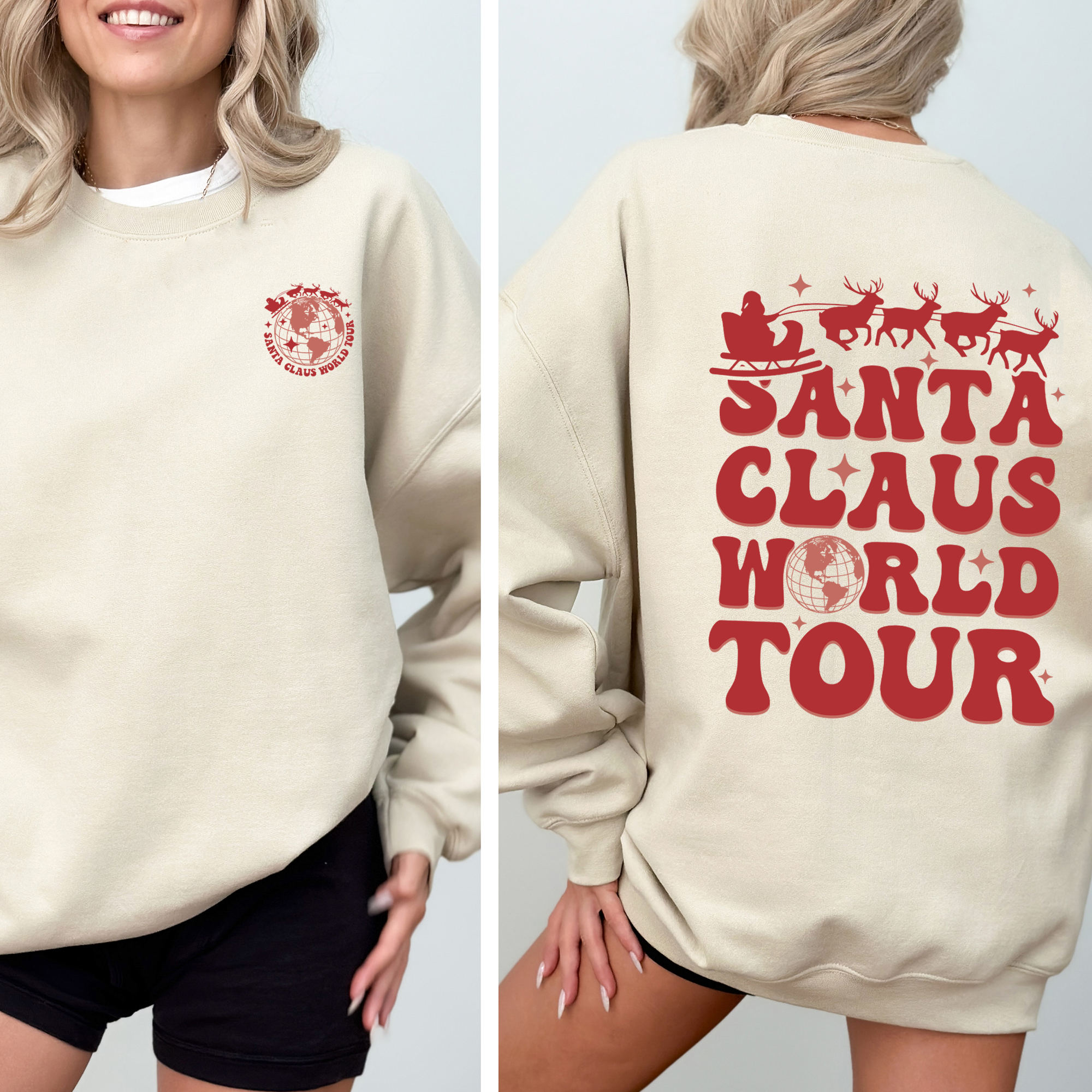 Santa Claus World Tour Front And Back Retro Christmas Reading Graphic Sweatshirt