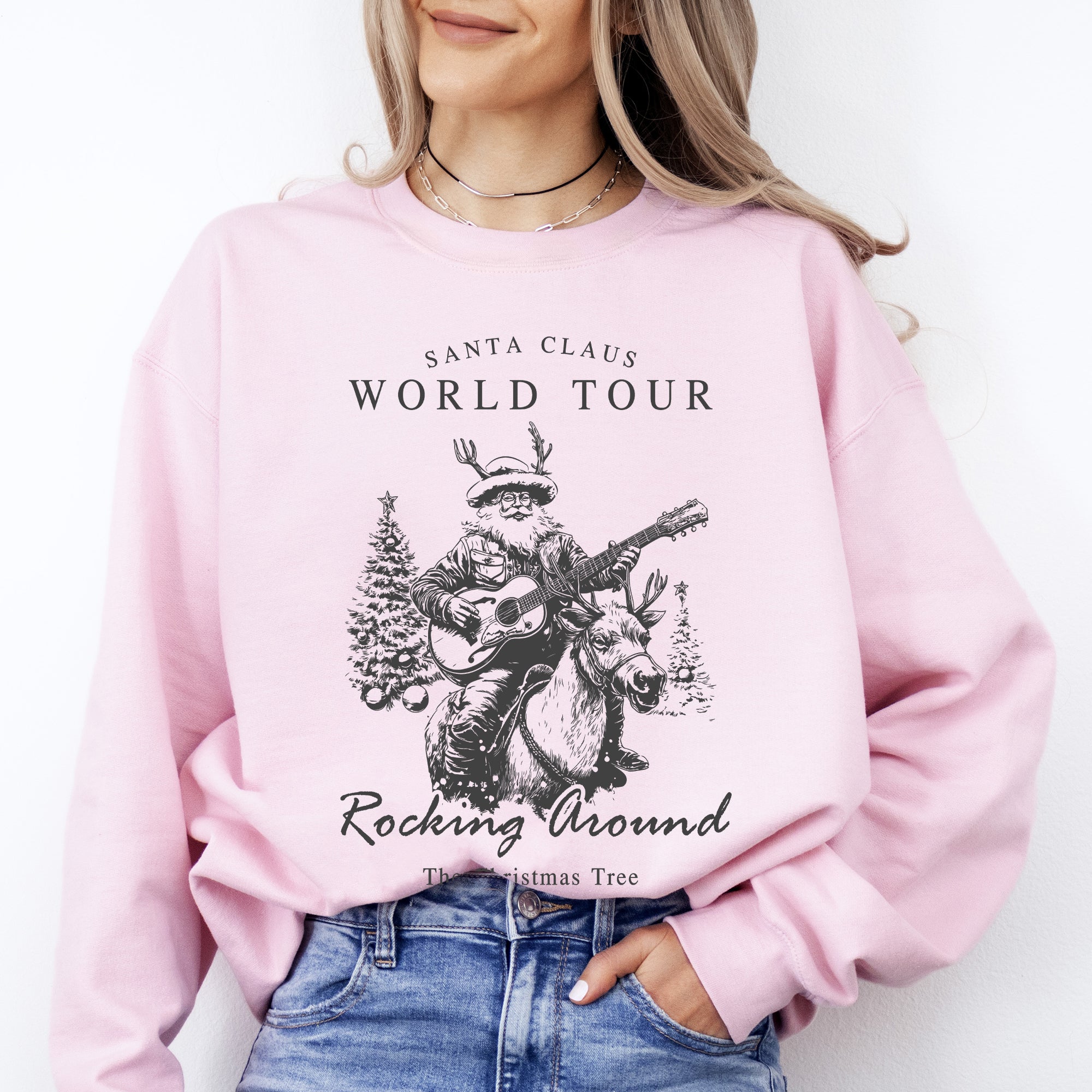 Santa Claus World Tour Rocking Around Christmas Tree Western Cowboy Festive Sweatshirt