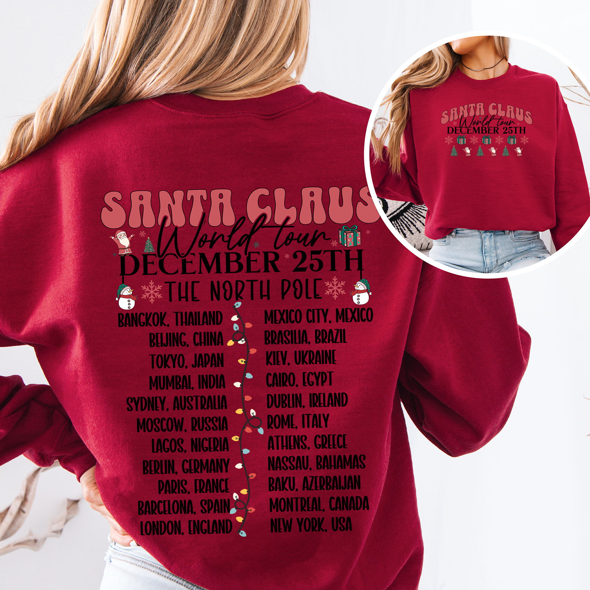 Santa Claus World Tour Christmas Band Retro Front And Back Illustrated Sweatshirt