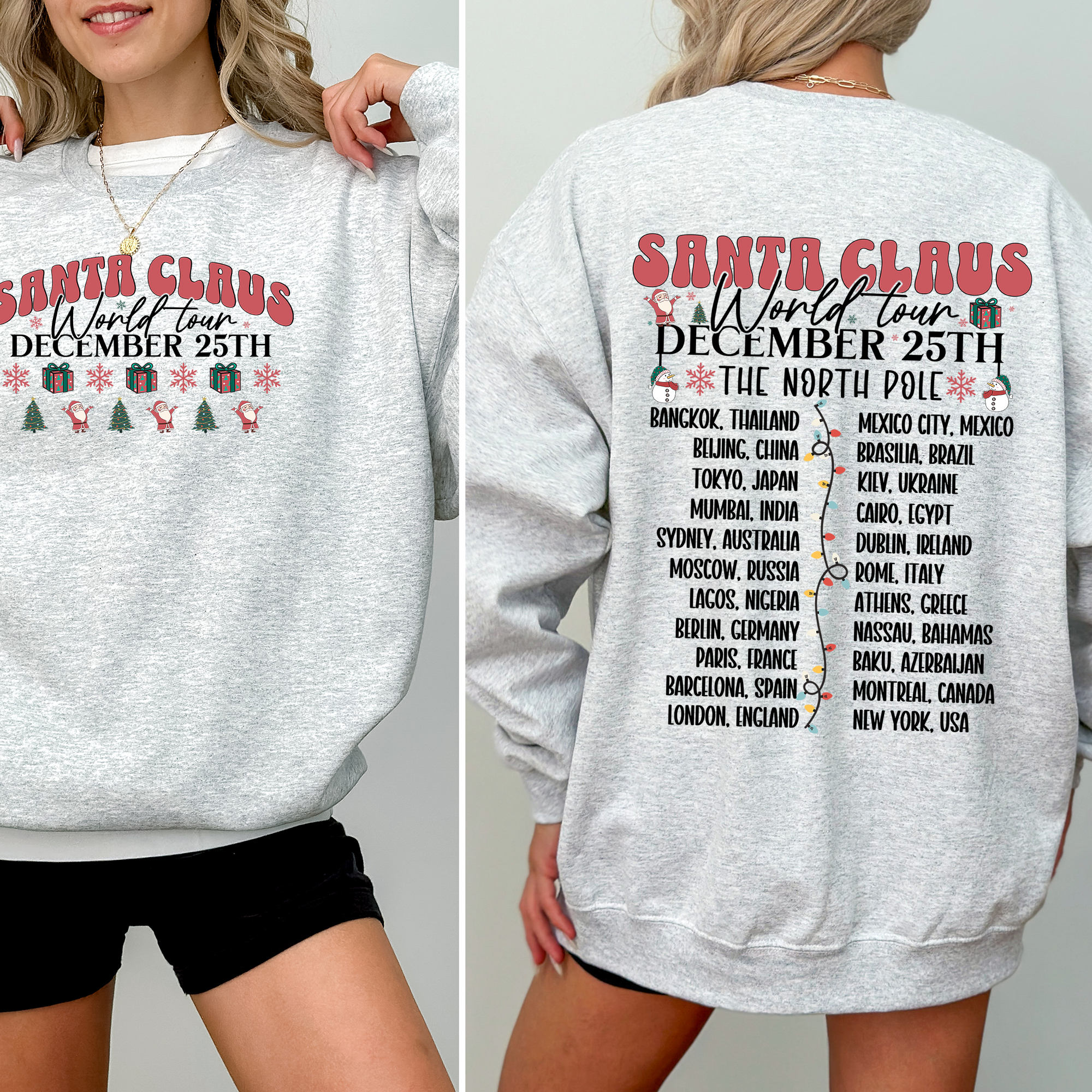 Santa Claus World Tour Christmas Band Retro Front And Back Illustrated Sweatshirt