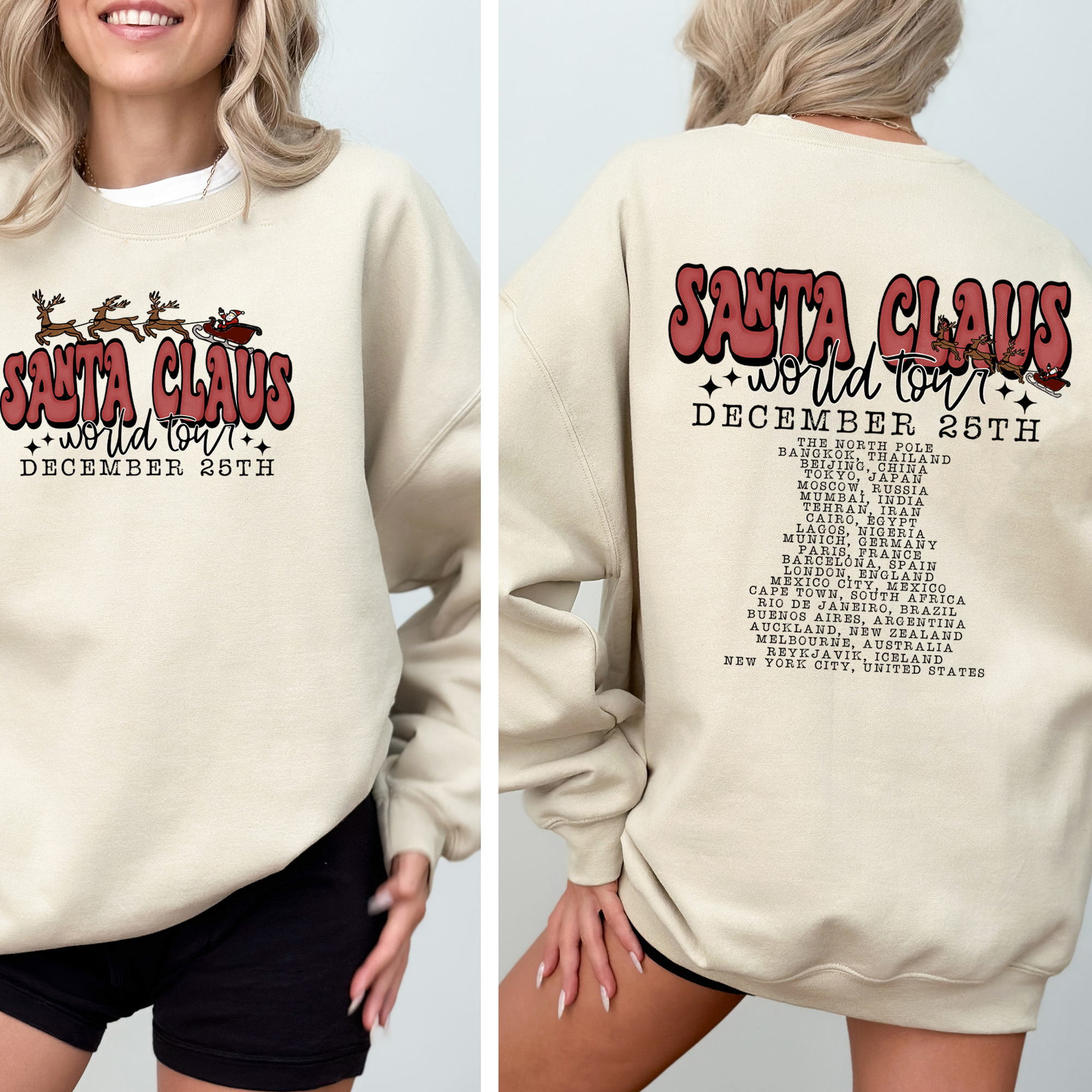 Santa Claus World Tour The North Pole December Christmas Retro Band Graphic Sweatshirt
