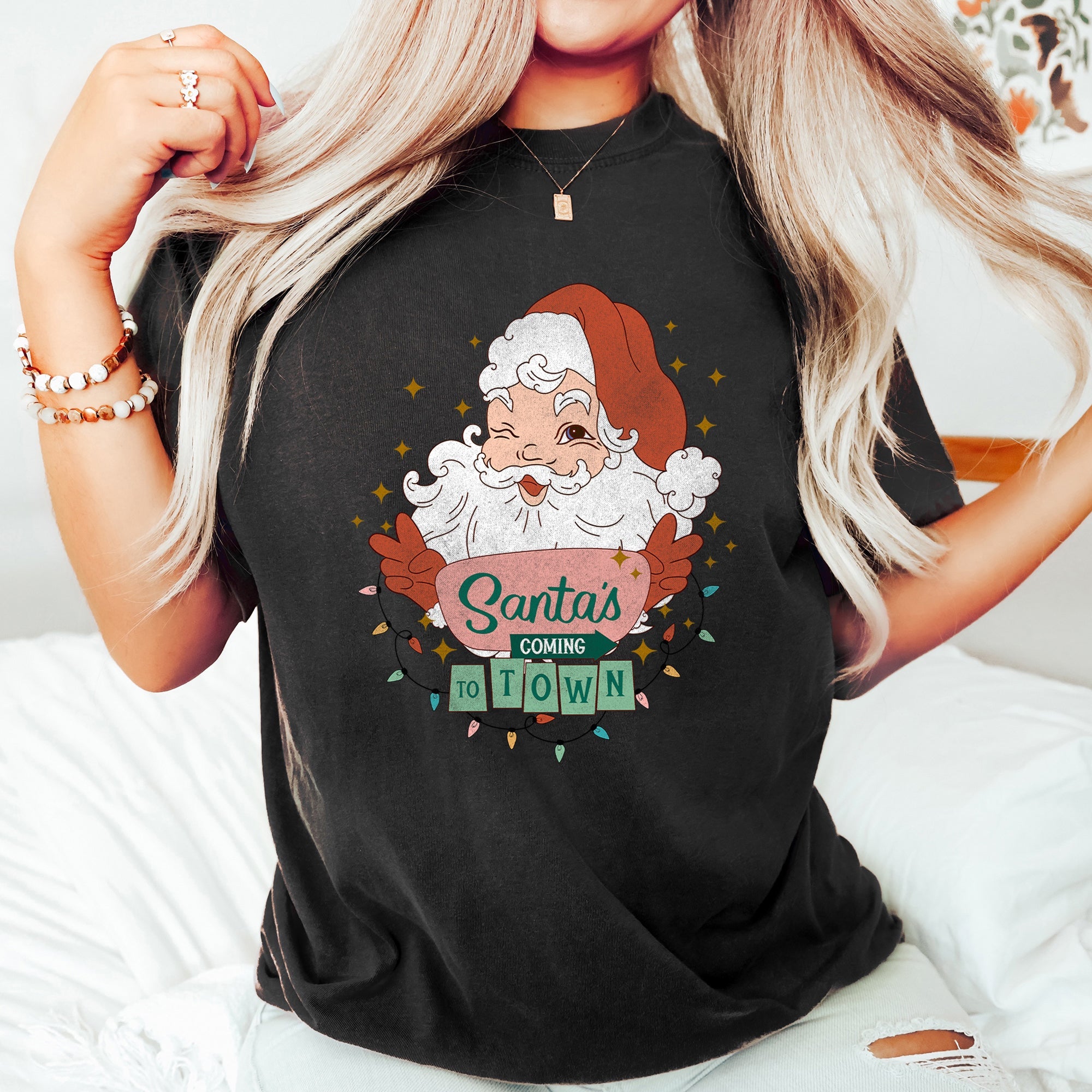 Santa Is Coming To Town Retro Christmas Vintage Holiday Cheer Comfort Colors Tee