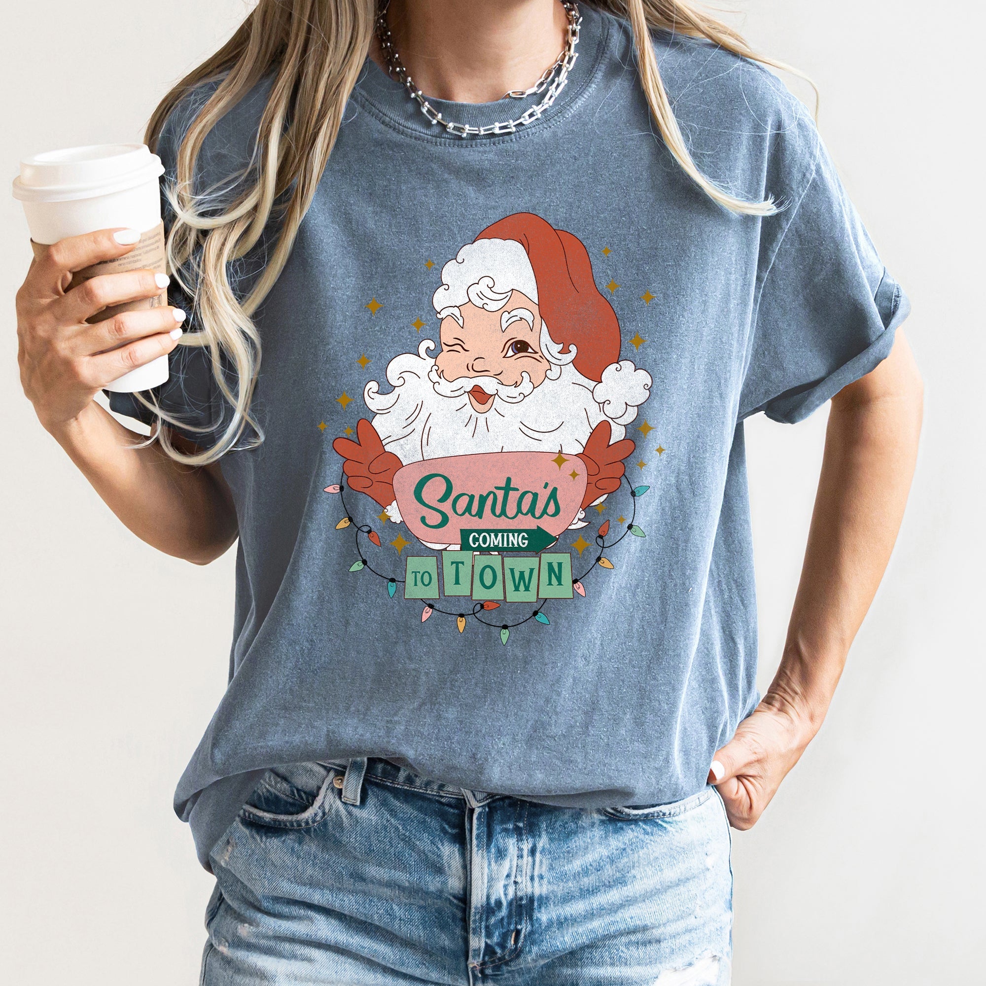 Santa Is Coming To Town Retro Christmas Vintage Holiday Cheer Comfort Colors Tee