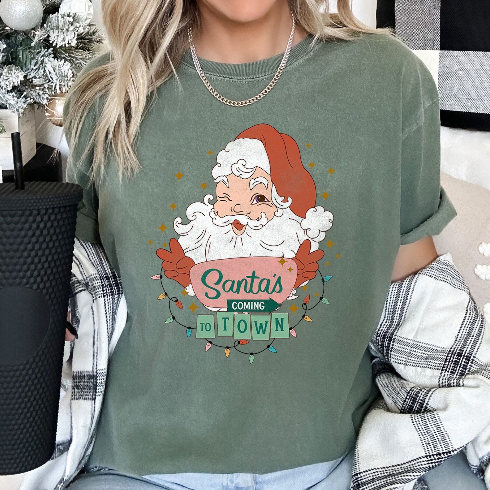 Santa Is Coming To Town Retro Christmas Vintage Holiday Cheer Comfort Colors Tee