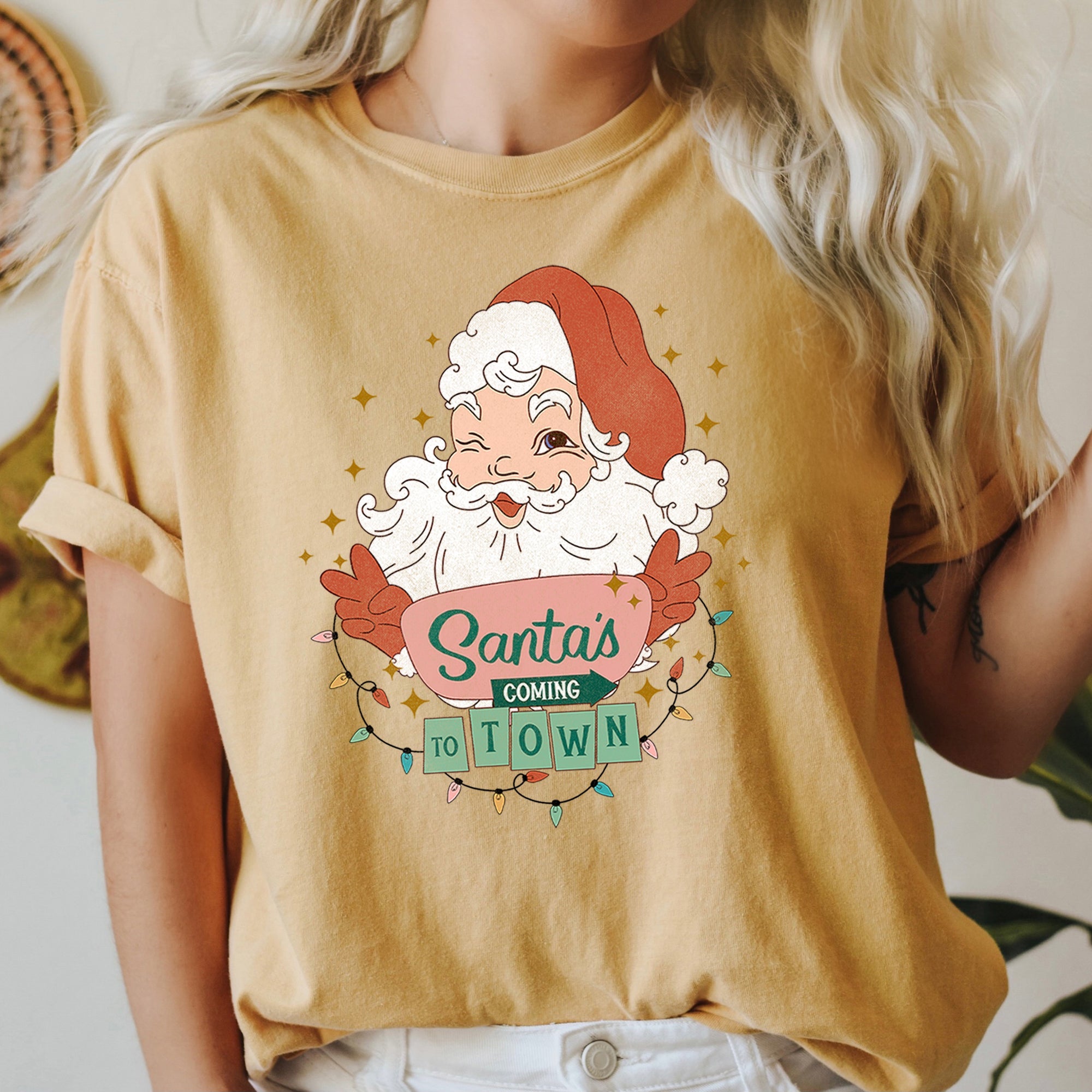 Santa Is Coming To Town Retro Christmas Vintage Holiday Cheer Comfort Colors Tee