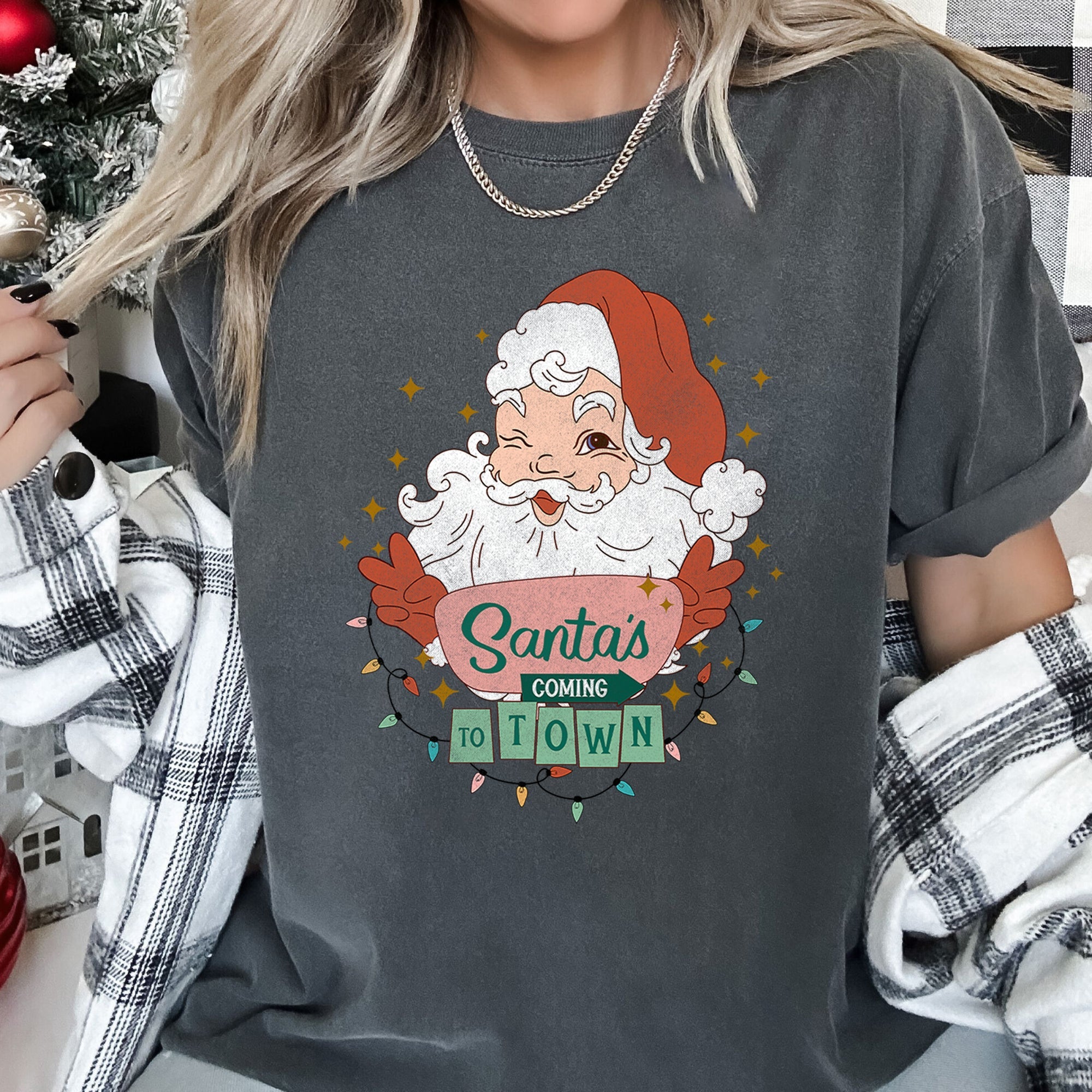 Santa Is Coming To Town Retro Christmas Vintage Holiday Cheer Comfort Colors Tee