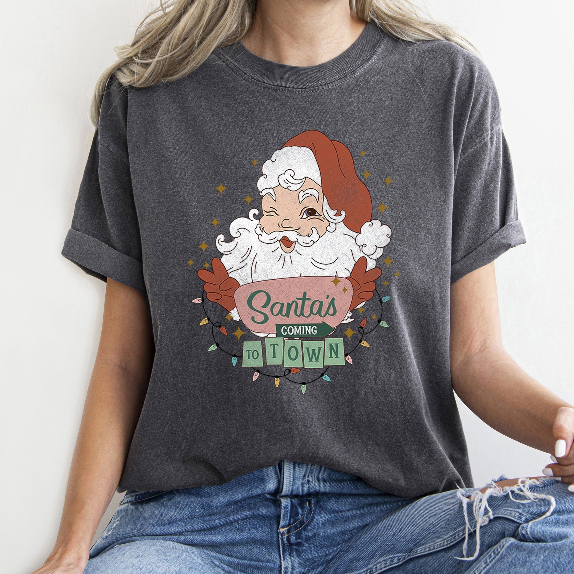 Santa Is Coming To Town Retro Christmas Vintage Holiday Cheer Comfort Colors Tee