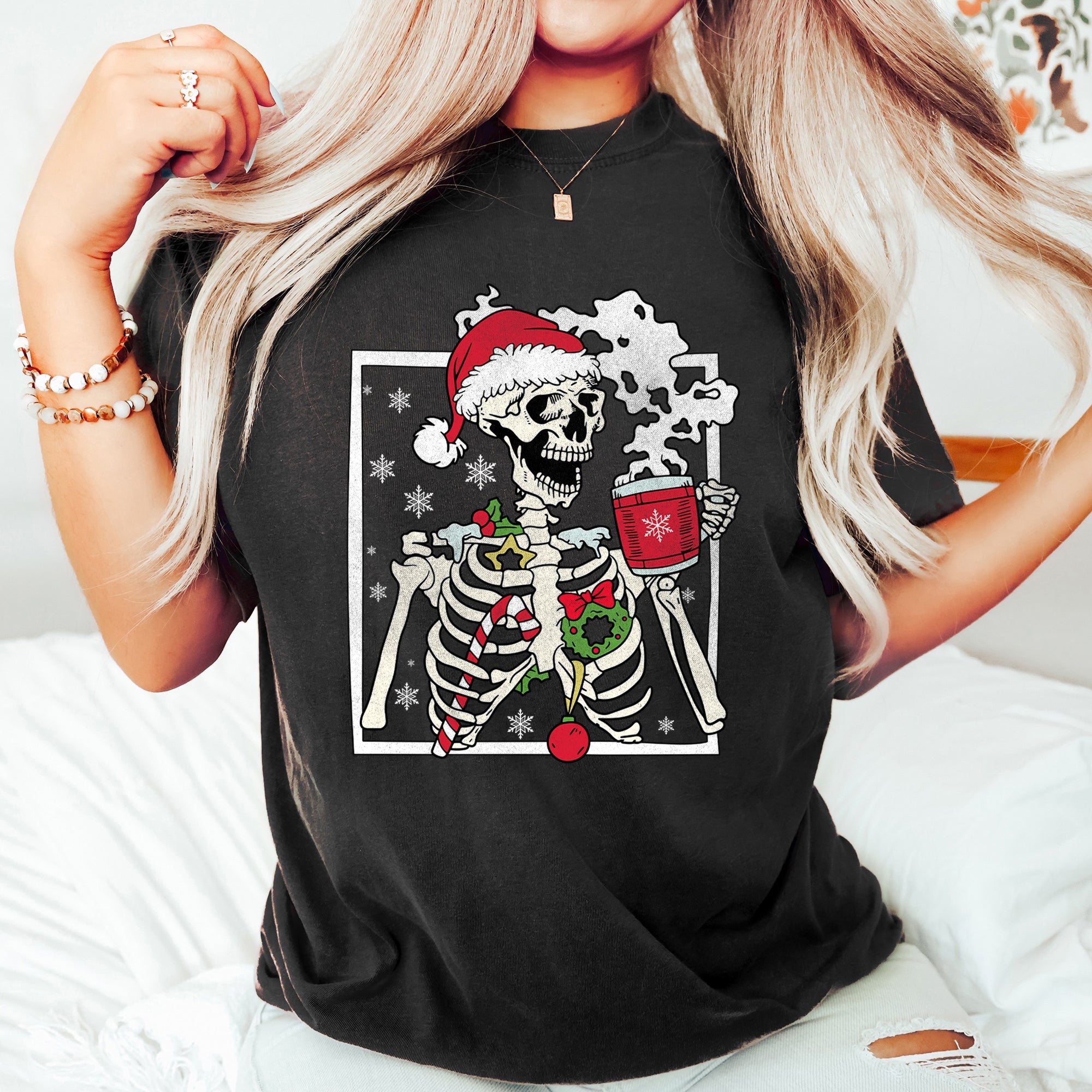 Santa Skeleton Coffee Retro Christmas Vintage Holiday Theme Graphic Comfort Colors Tee