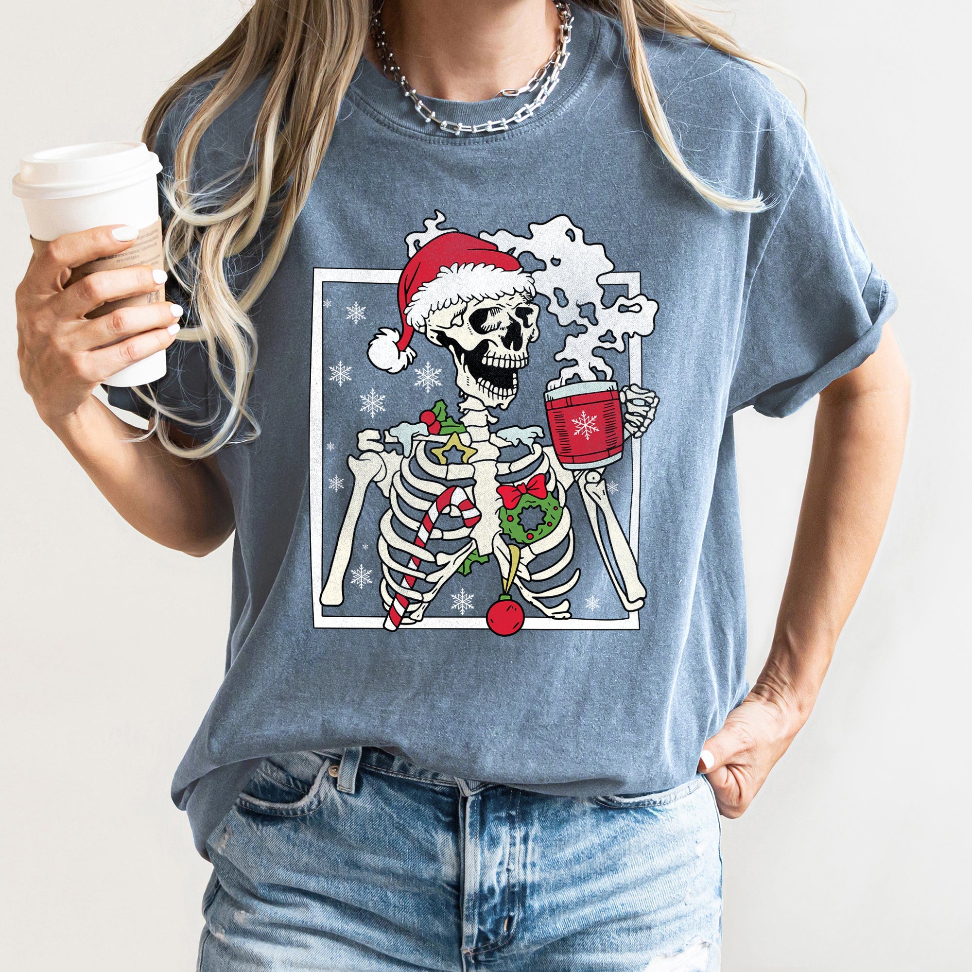 Santa Skeleton Coffee Retro Christmas Vintage Holiday Theme Graphic Comfort Colors Tee