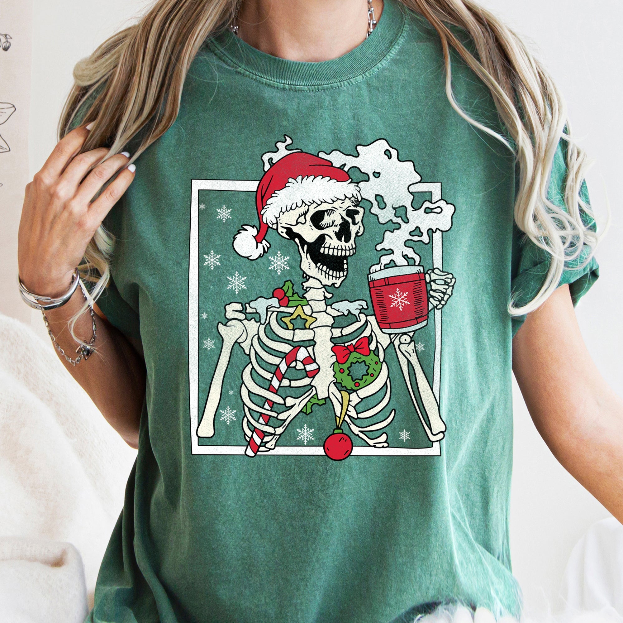 Santa Skeleton Coffee Retro Christmas Vintage Holiday Theme Graphic Comfort Colors Tee