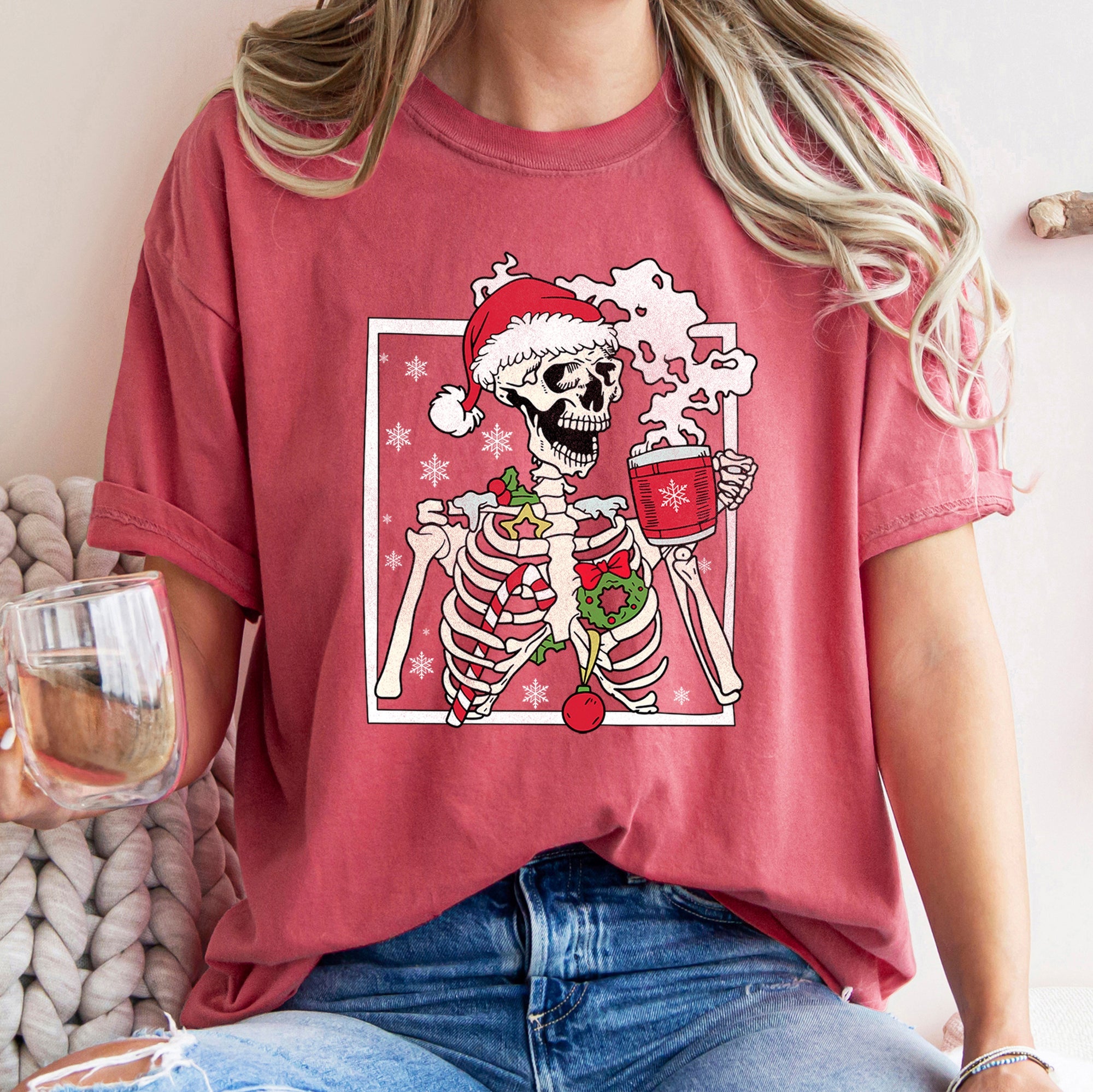 Santa Skeleton Coffee Retro Christmas Vintage Holiday Theme Graphic Comfort Colors Tee