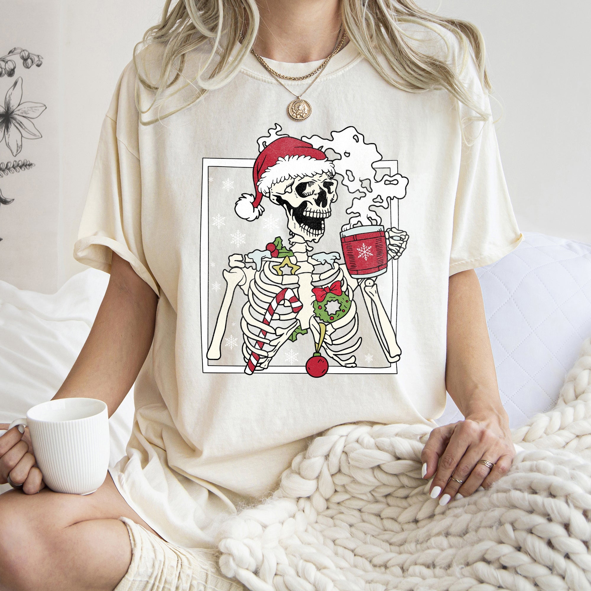 Santa Skeleton Coffee Retro Christmas Vintage Holiday Theme Graphic Comfort Colors Tee