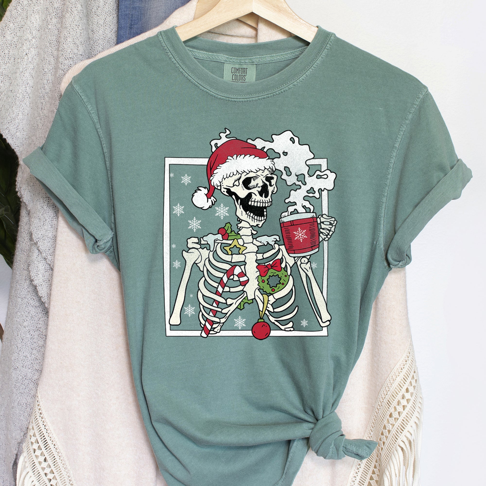Santa Skeleton Coffee Retro Christmas Vintage Holiday Theme Graphic Comfort Colors Tee