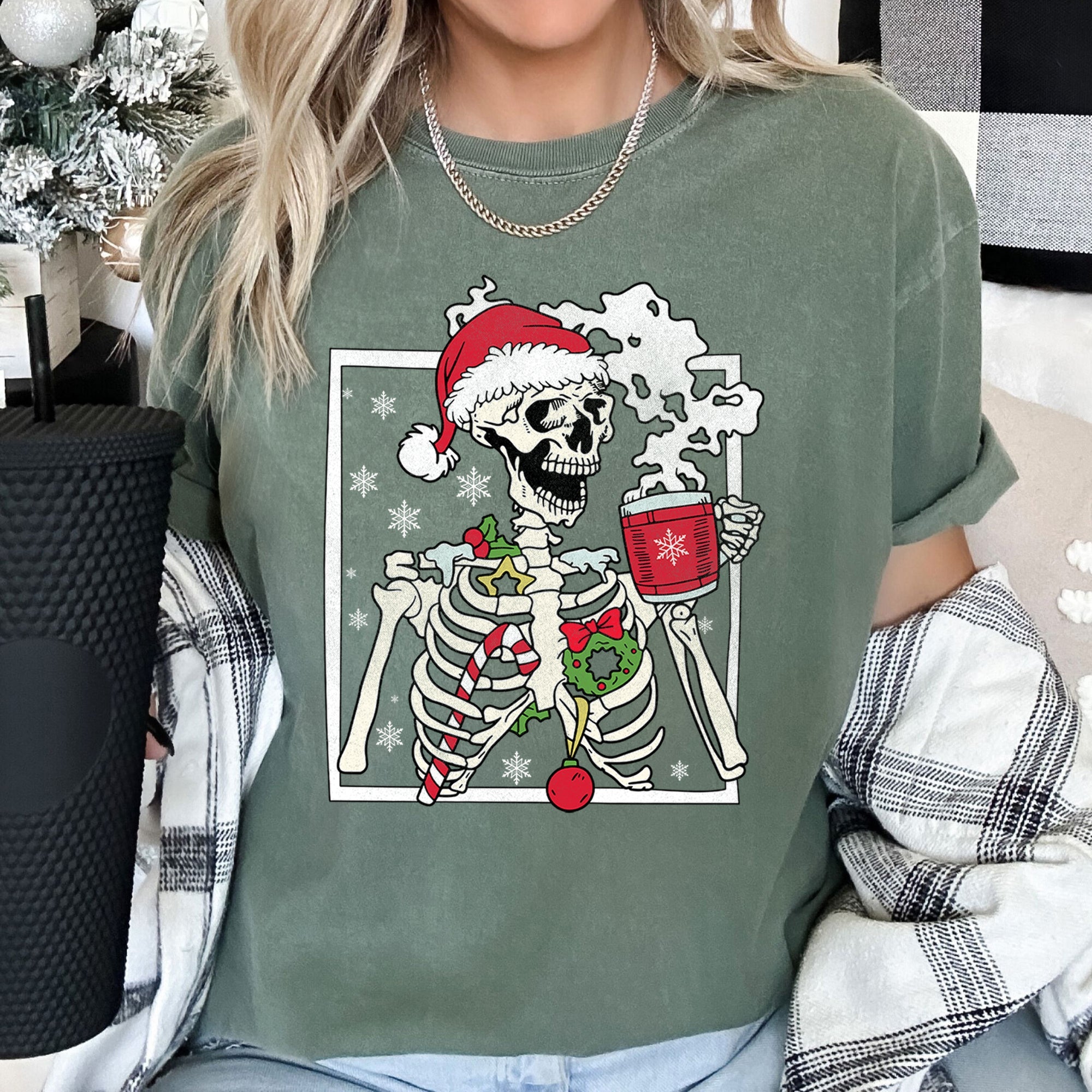 Santa Skeleton Coffee Retro Christmas Vintage Holiday Theme Graphic Comfort Colors Tee
