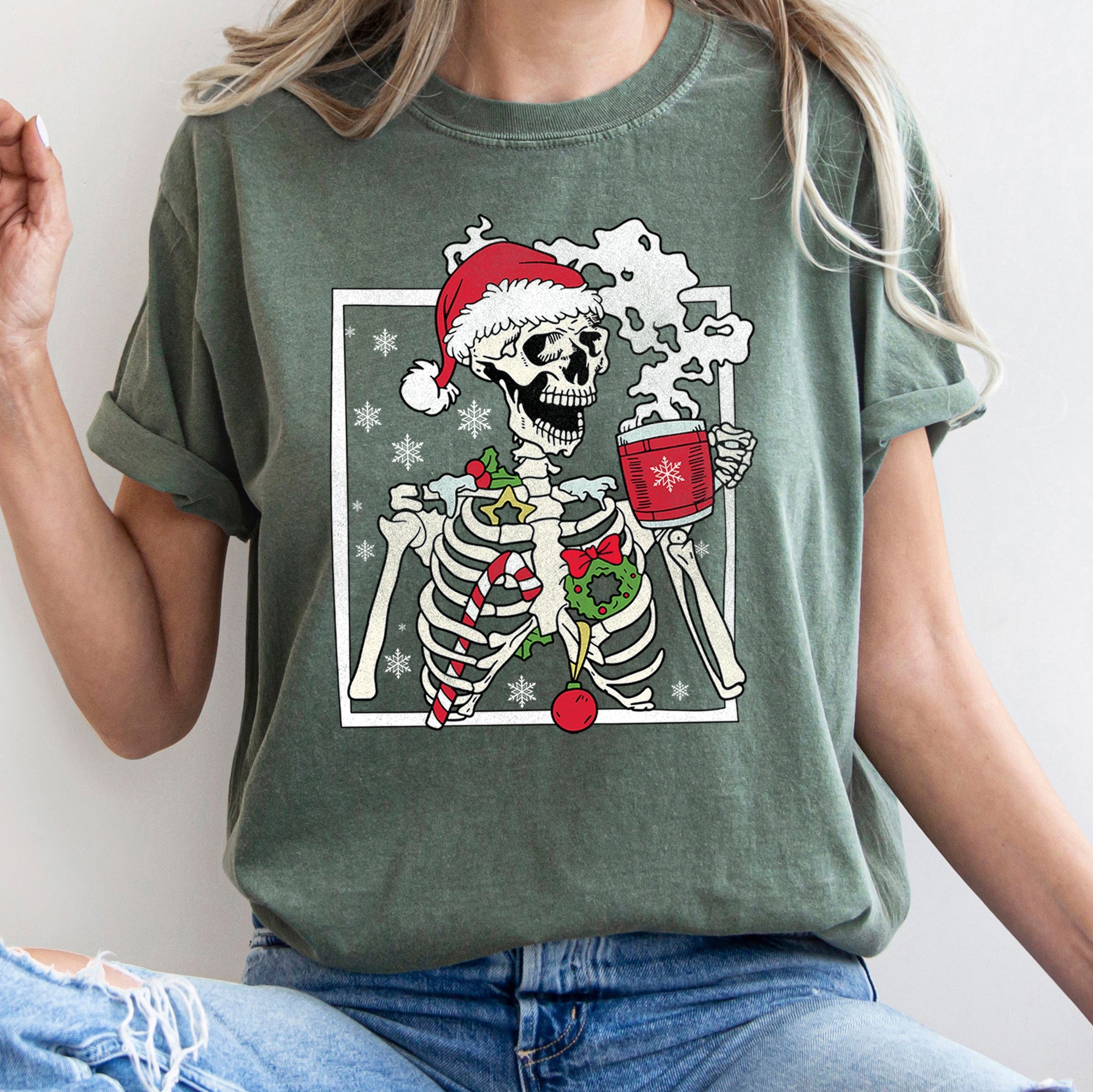 Santa Skeleton Coffee Retro Christmas Vintage Holiday Theme Graphic Comfort Colors Tee