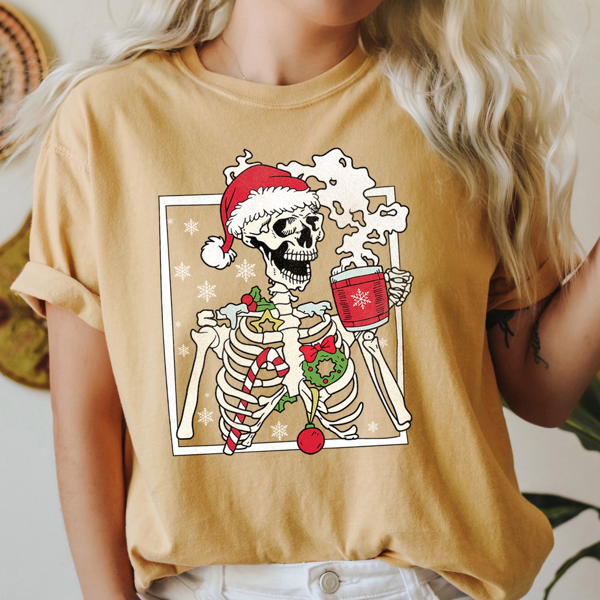 Santa Skeleton Coffee Retro Christmas Vintage Holiday Theme Graphic Comfort Colors Tee