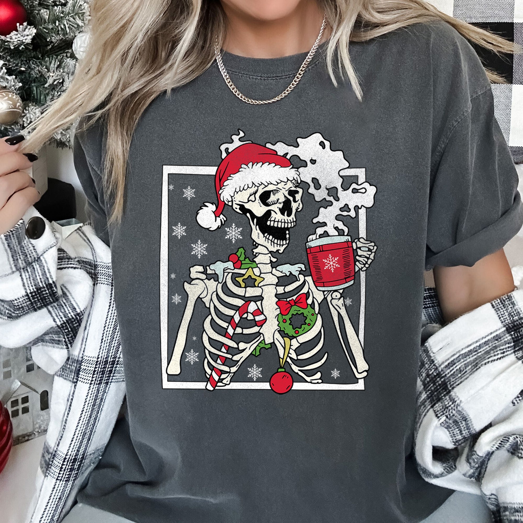Santa Skeleton Coffee Retro Christmas Vintage Holiday Theme Graphic Comfort Colors Tee