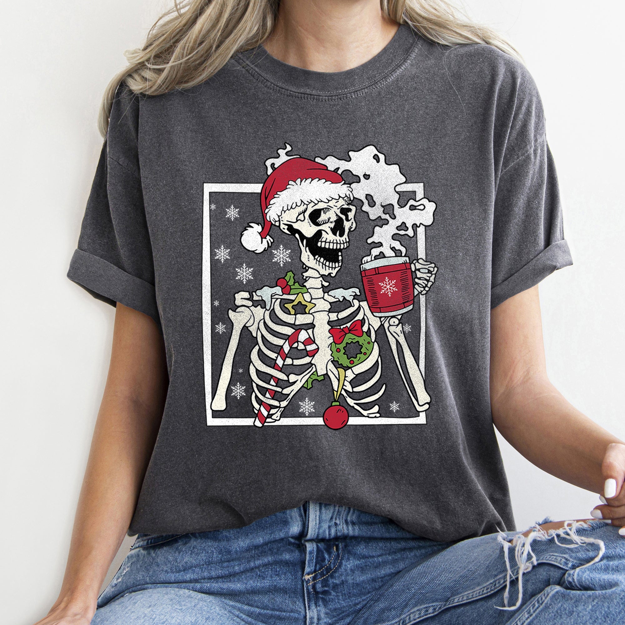 Santa Skeleton Coffee Retro Christmas Vintage Holiday Theme Graphic Comfort Colors Tee
