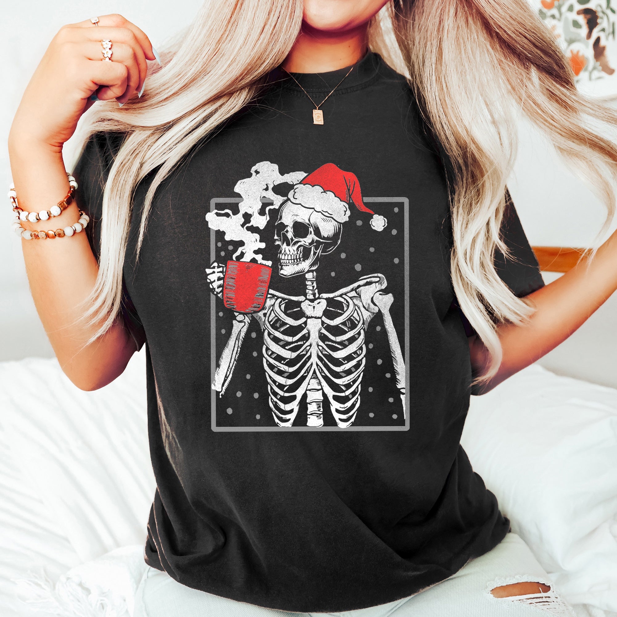 Santa Skeleton Coffee Vintage Christmas Edition Holiday Collection Comfort Colors Tee