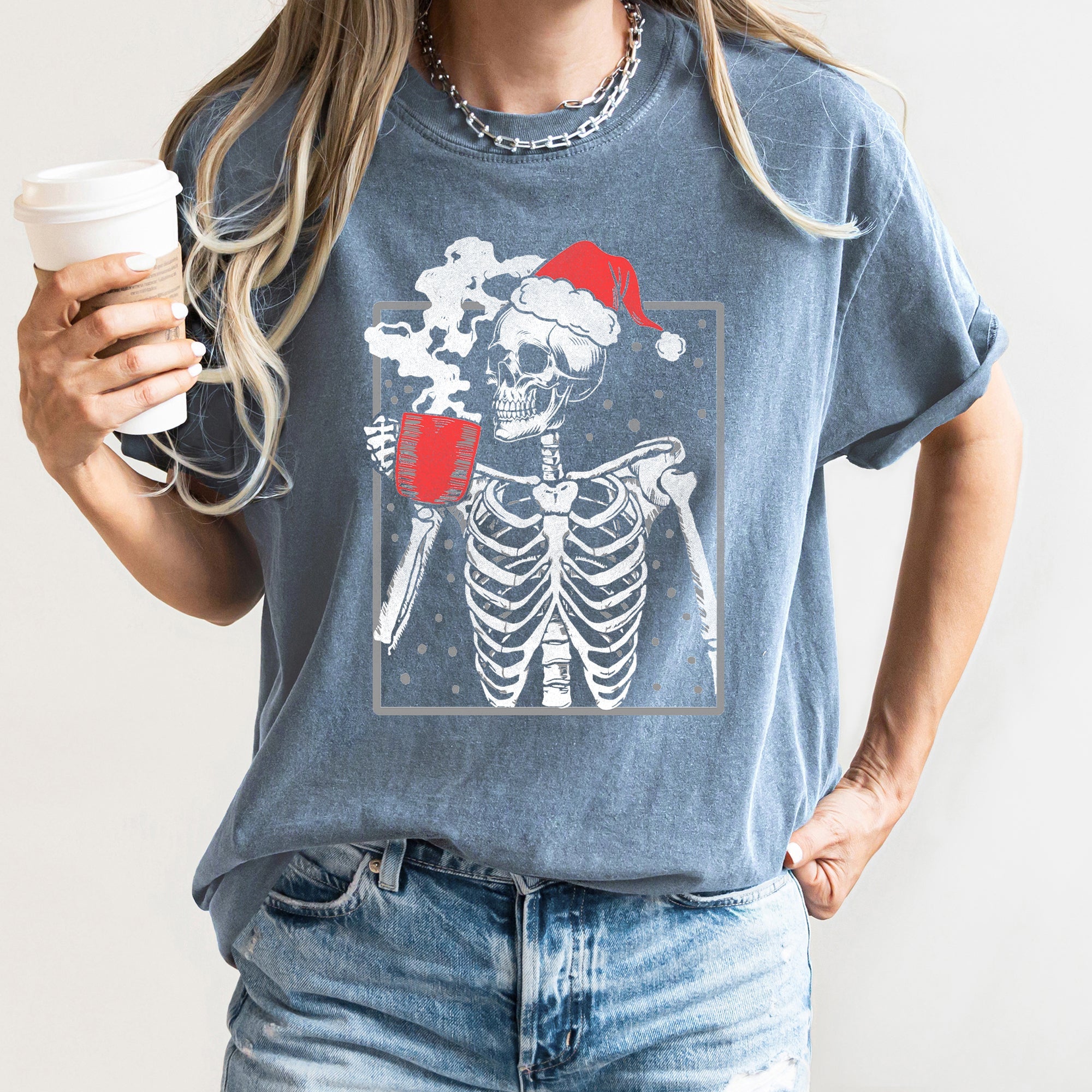 Santa Skeleton Coffee Vintage Christmas Edition Holiday Collection Comfort Colors Tee