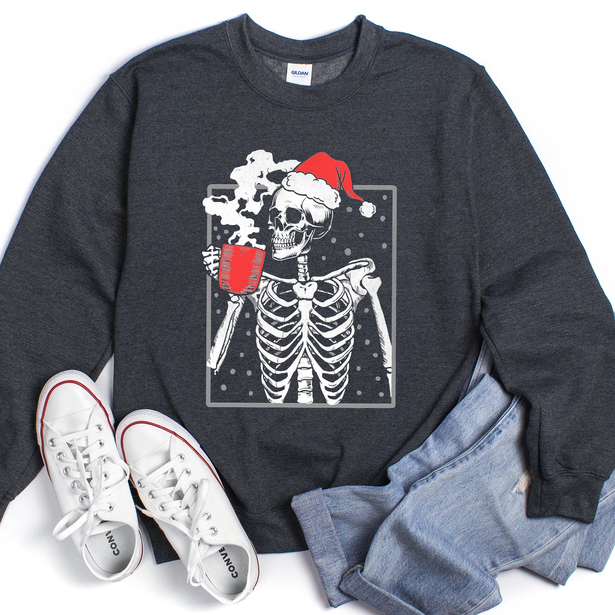 Santa Skeleton Coffee Vintage Christmas Night Limited Edition Cozy Graphic Sweatshirt