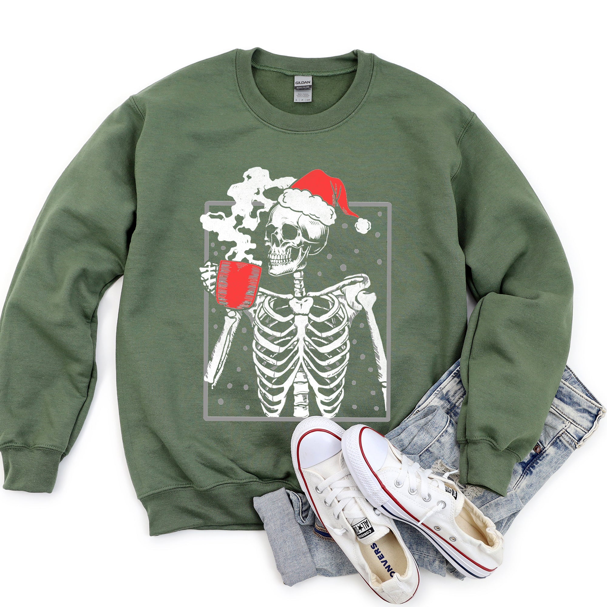 Santa Skeleton Coffee Vintage Christmas Night Limited Edition Cozy Graphic Sweatshirt