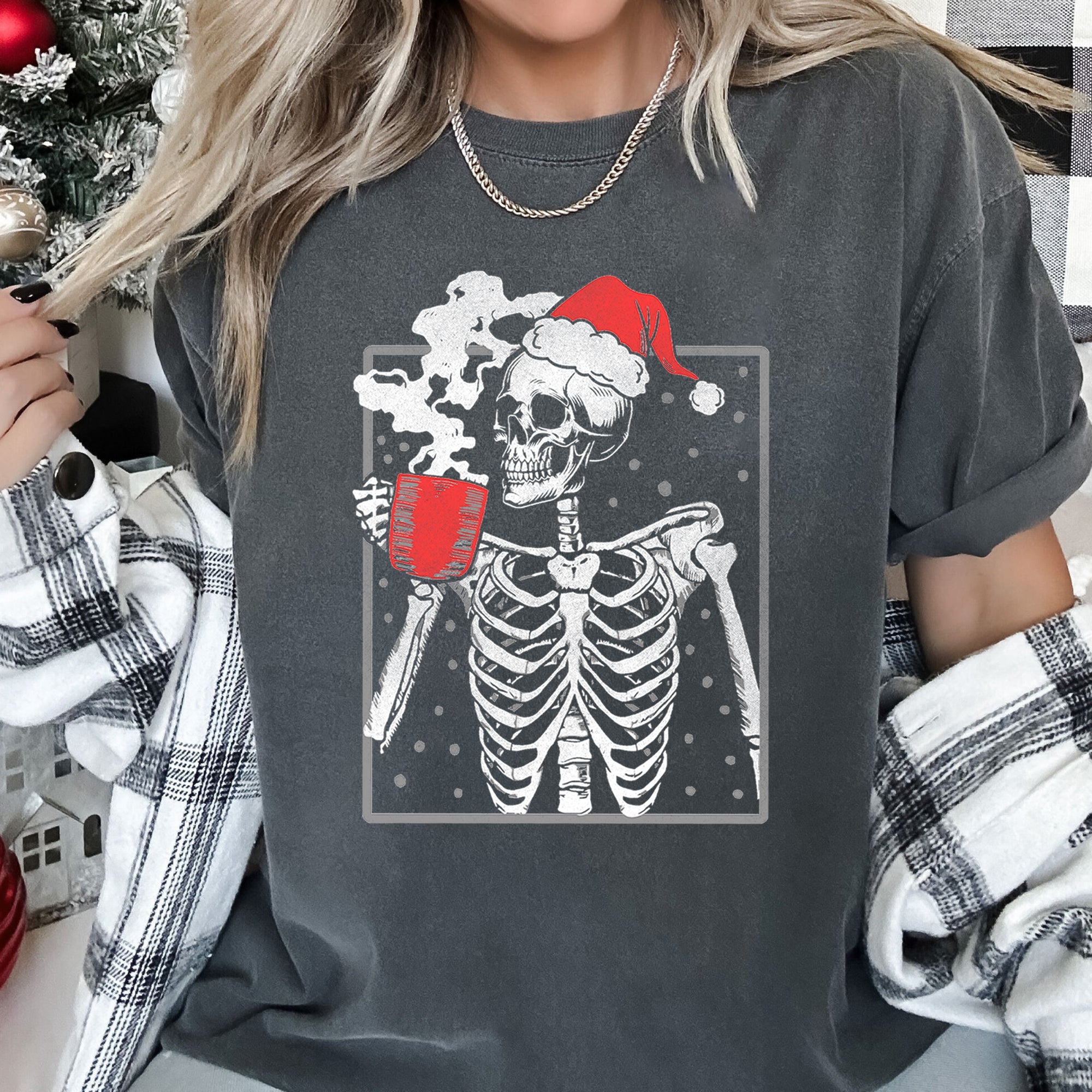 Santa Skeleton Coffee Vintage Christmas Edition Holiday Collection Comfort Colors Tee