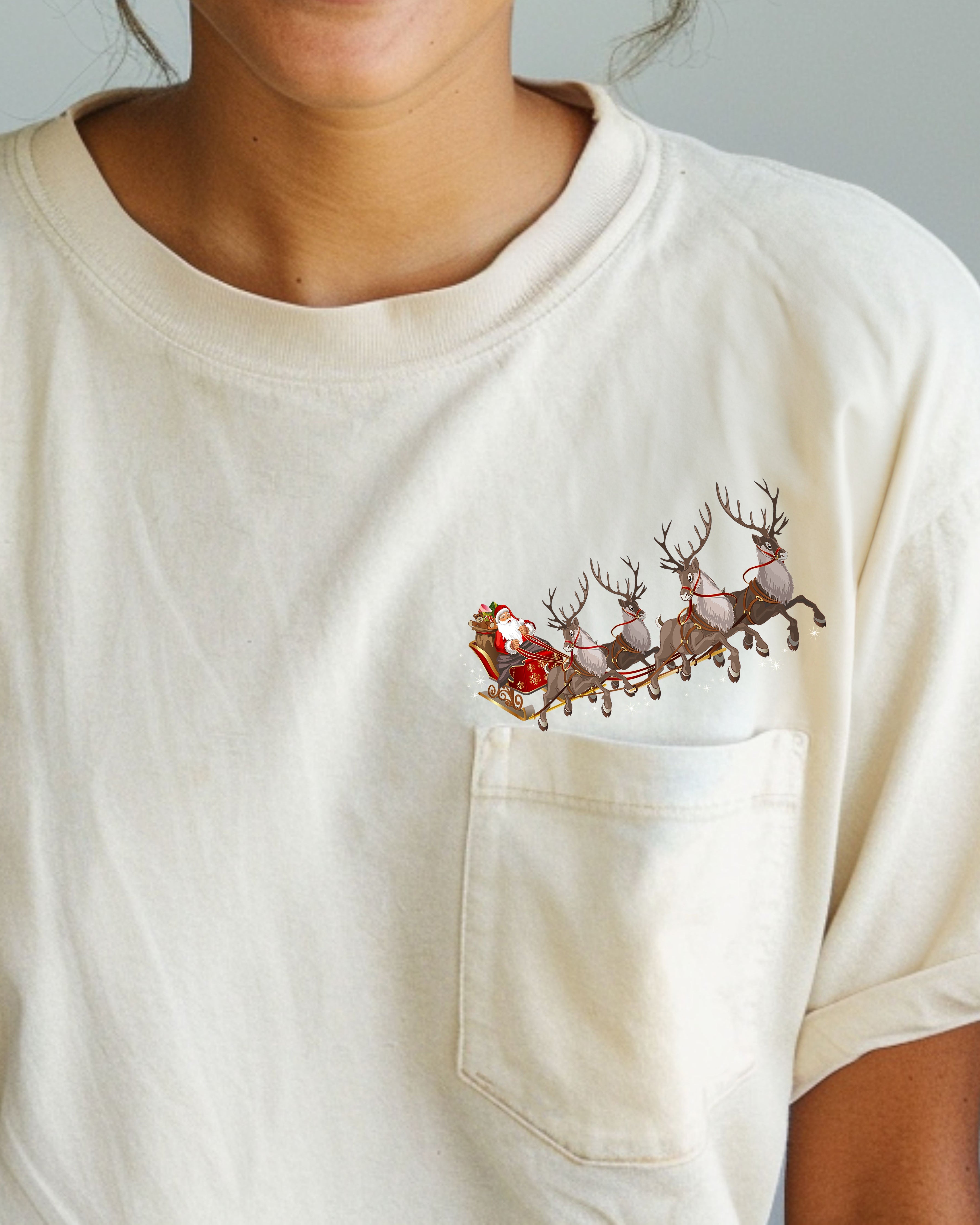 Santa Sleigh Reindeer Christmas Snow Winter Xmas Pocket Holiday Comfort Colors Tee