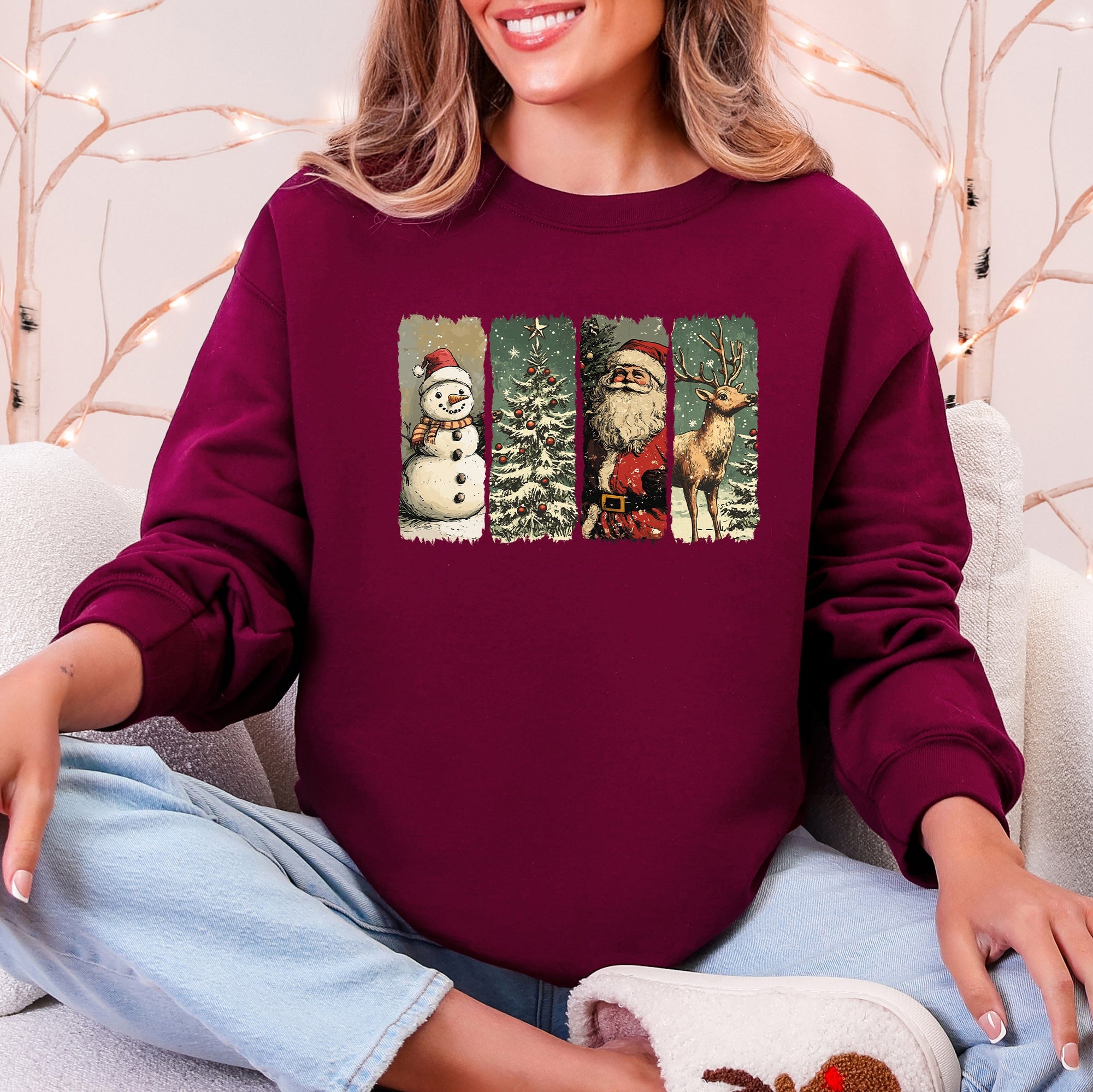 Santa Snowman Christmas Tree Reindeer Holiday Icons Cozy Festive Seasonal Sweatshirt