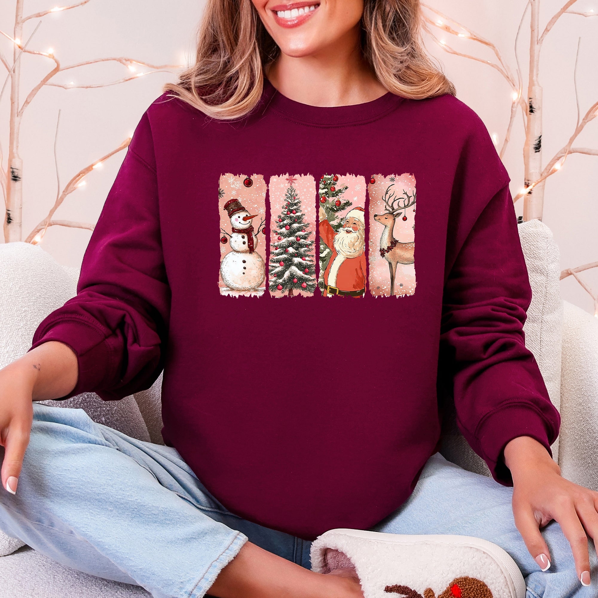 Santa Snowman Reindeer Christmas Tree Retro Vintage Inspired Festive Design Graphic Sweatshirt