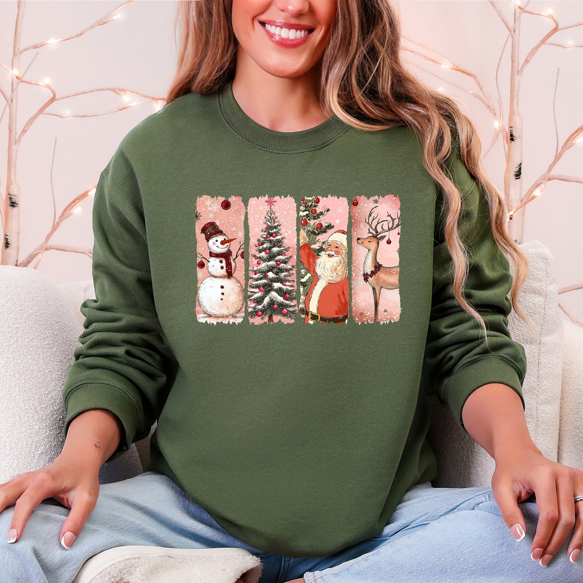 Santa Snowman Reindeer Christmas Tree Retro Vintage Inspired Festive Design Graphic Sweatshirt