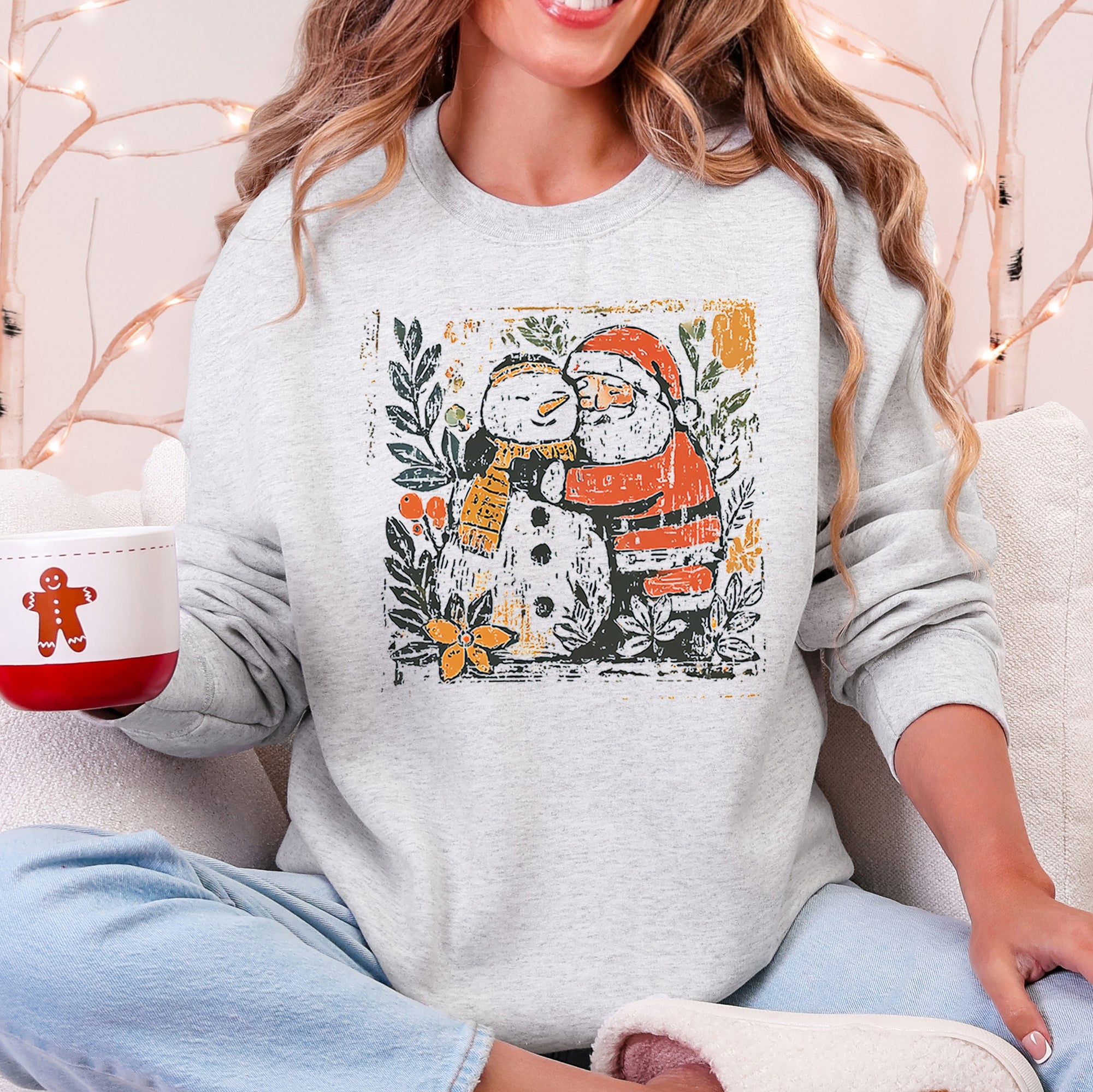 Santa And Snowman Christmas Sketch Vintage Retro Nostalgic Cozy Whimsical Sketchy Holiday Vibe Art Print Sweatshirt