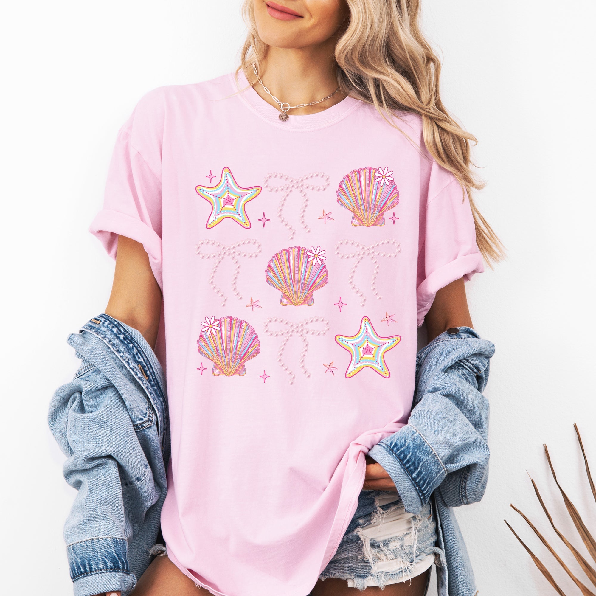 Seashell Beach Coquette Pearls Ribbon Summer Sunset Limited Edition Coastal Print Comfort Colors Tee